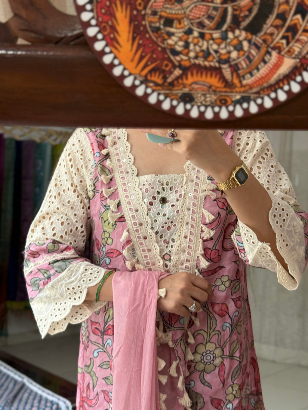 Pink Muslin Suit| Schiffli Lacework |Cotton lining|Chiffon Duppata