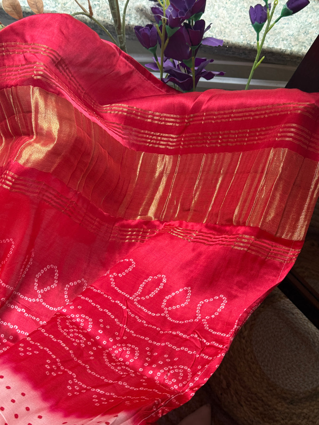 Gajji Silk bandhani Suit Set for Women | Embroidered neckline | Cotton lining| Bandhani Dupatta with lugdi patta