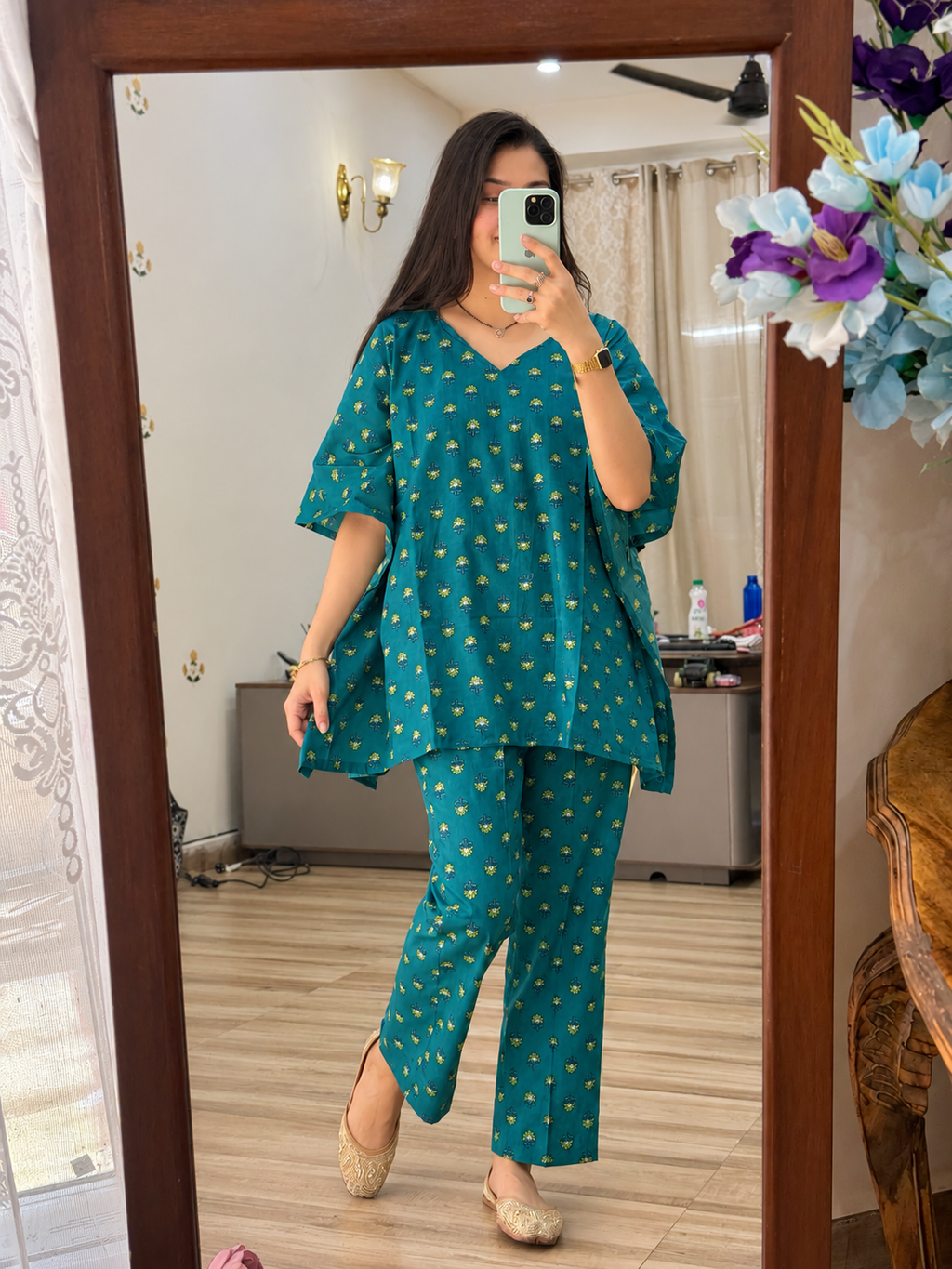 Pure Cotton Rama Green Handblock Printed| kaftan Sets| Bottom with pocket