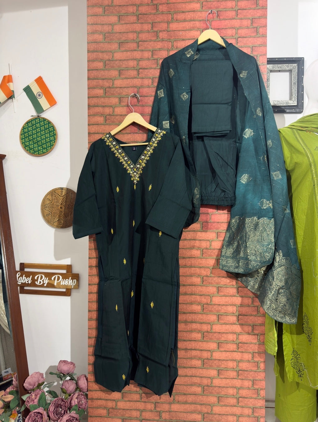 Green Suit Set| Hand embroidered| With lining| Duppata