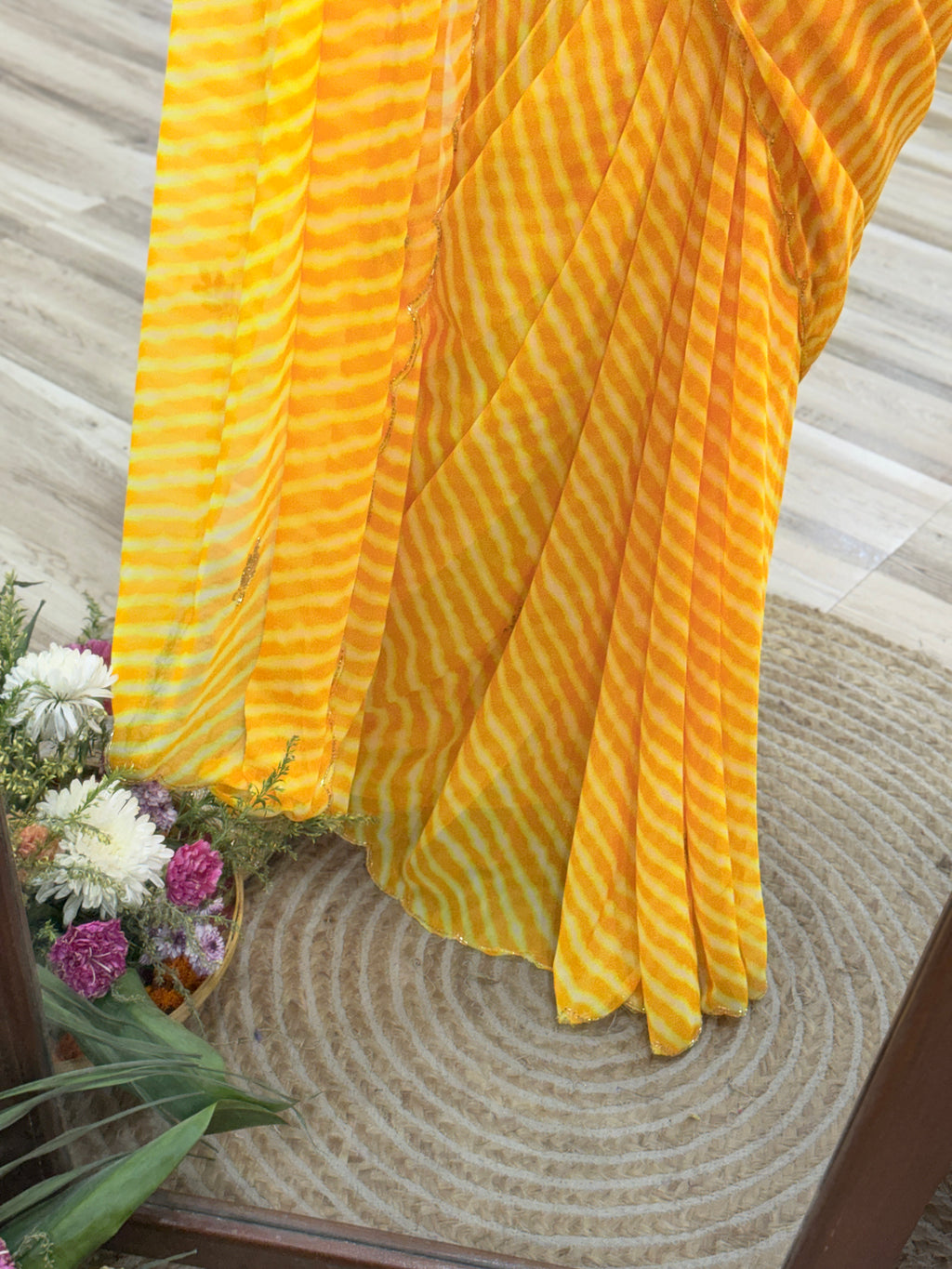 Mustard Yellow |Pure Georgette Digital Printed Saree| Handwork cutdana detailing| Without blouse