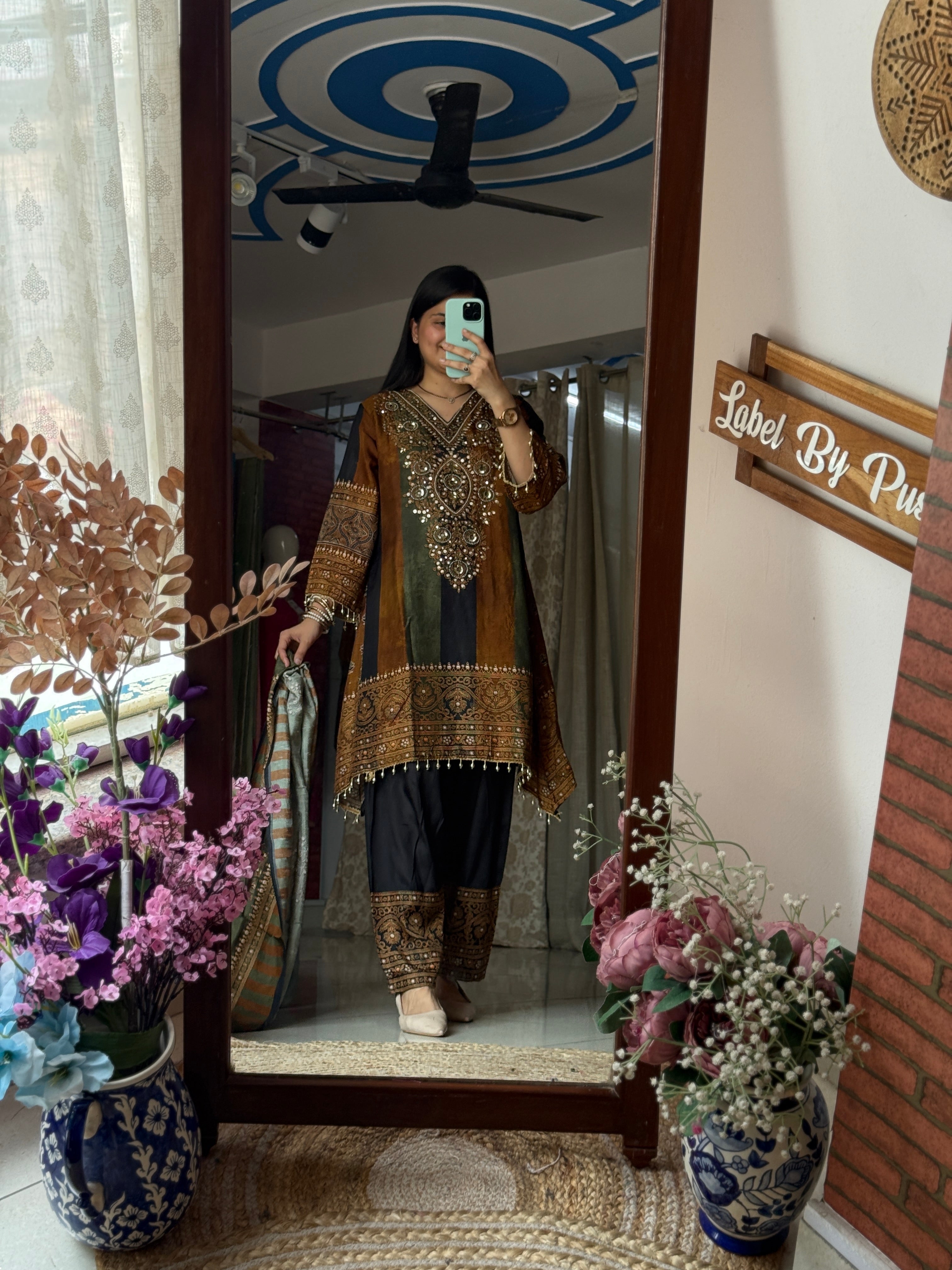 Muslin Partywear Suit |Hand Embroidered | Cotton lining| With beautiful Duppata | Designer back print |Farshi Salwar