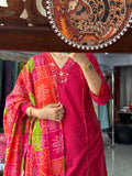 Pink Bandhej| Dual tone | Beautiful Suit Set | Cotton| With pocket in kurta & Bottom