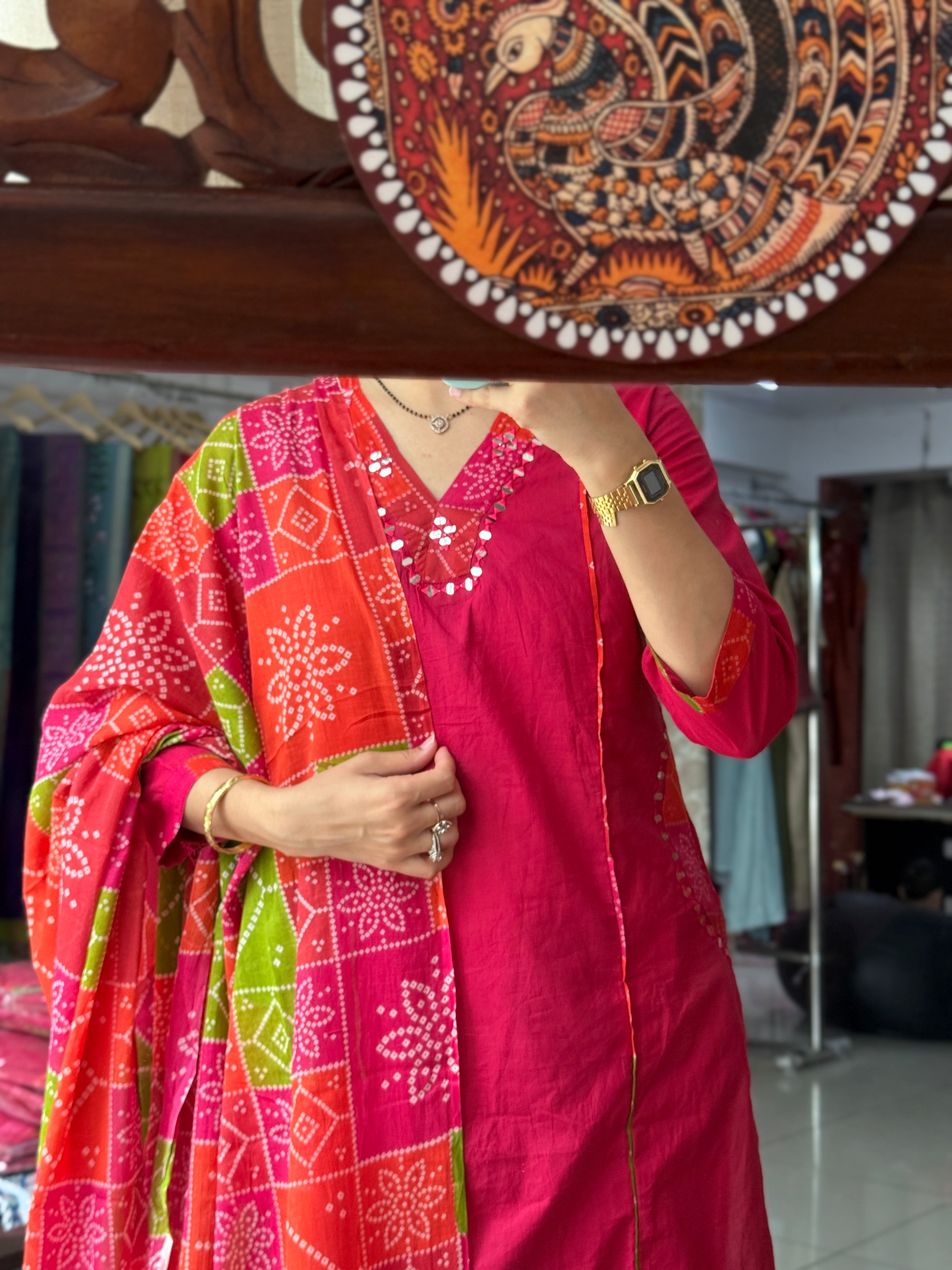 Pink Bandhej| Dual tone | Beautiful Suit Set | Cotton| With pocket in kurta & Bottom