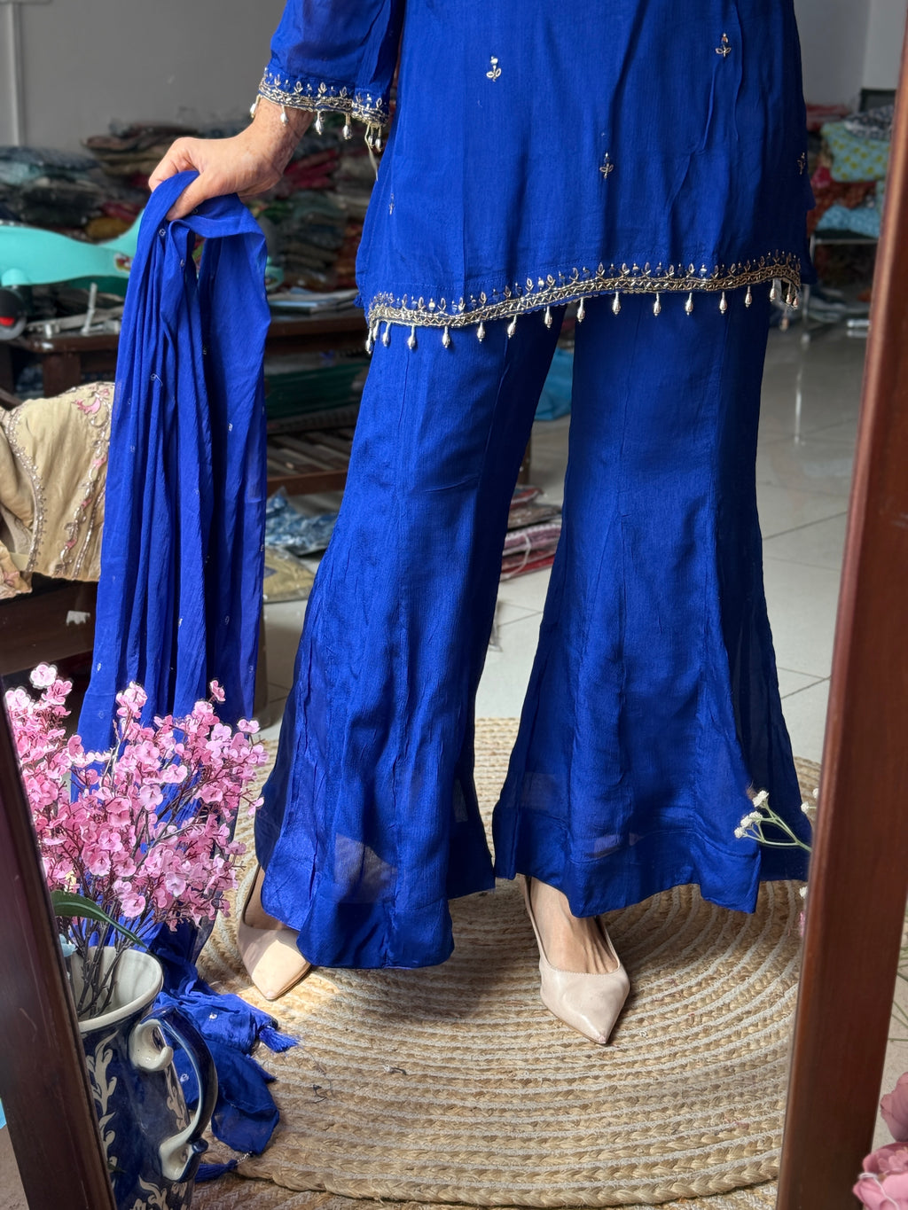 Blue Sharara Set| Chinon | lining in top + bottom | Hand Embroidered | Embroidered Duppata