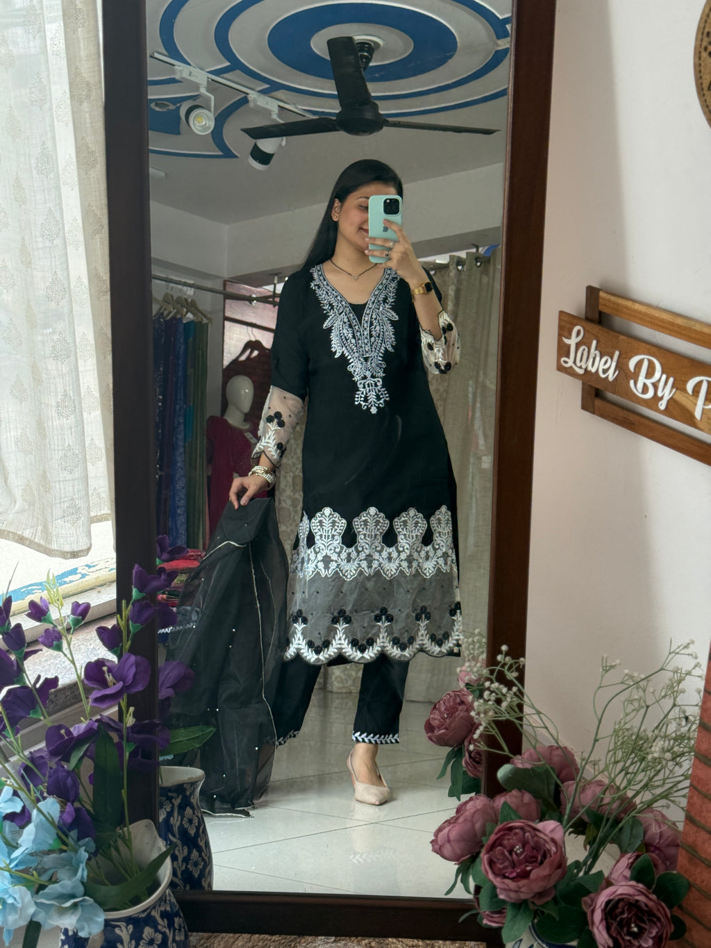 Black Pakistani Suit Set for Women | Embroidered with embedded pearls | lining| Dupatta with pearls