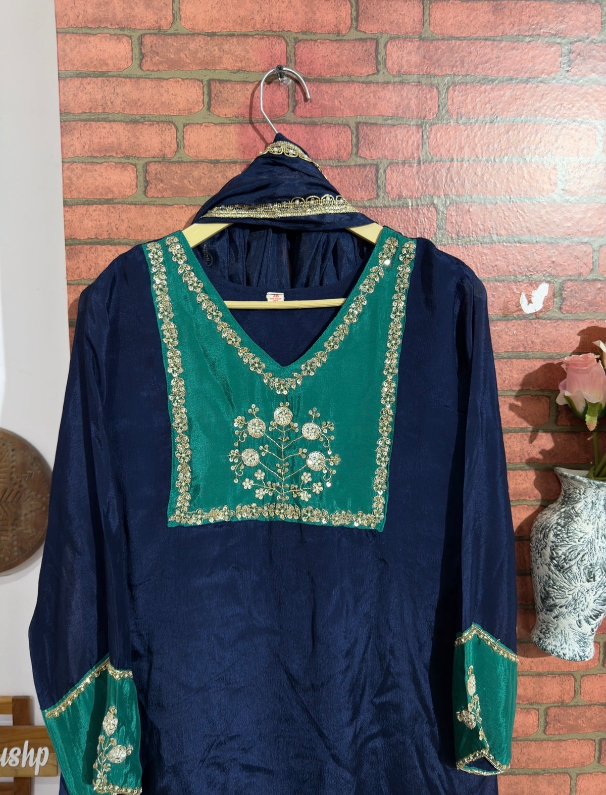 Blue Green Chinon Suit Set with Hand Embroidered Neckline & Designer sleeves and bottom with dual tone Duppata with lacework
