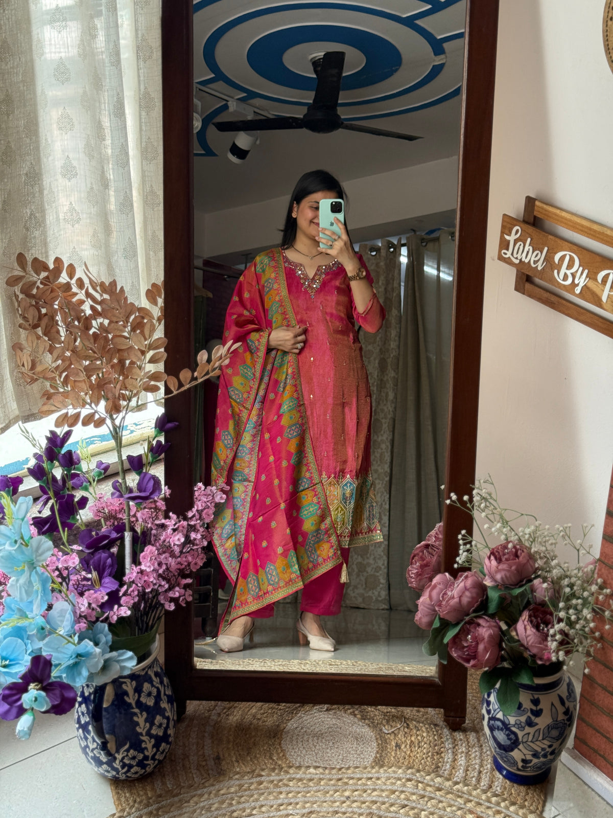 Pink Tissue Suit Set with Hand Embroidered Neckline and bottom with Duppata | within lining