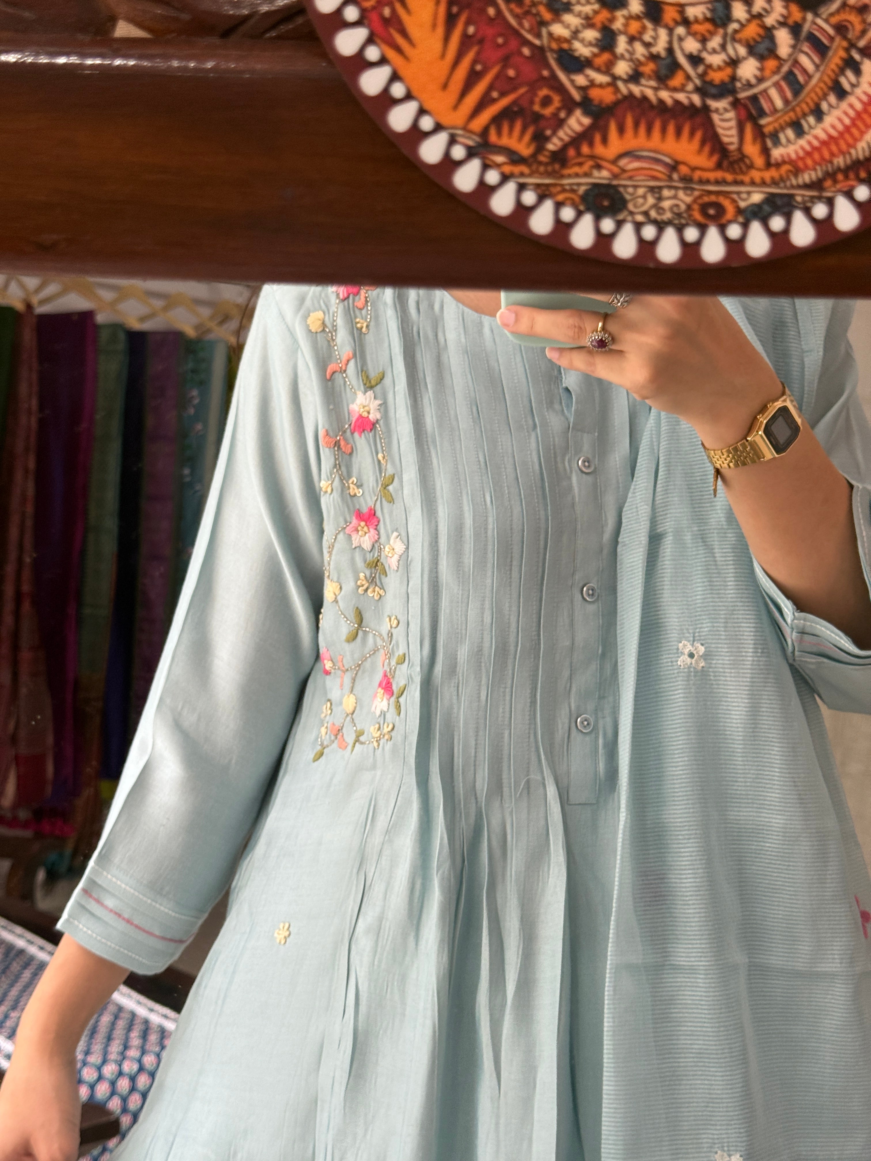 Aqua Blue Hand embroidered| Partywear| With lining| pants and embroidered Duppata