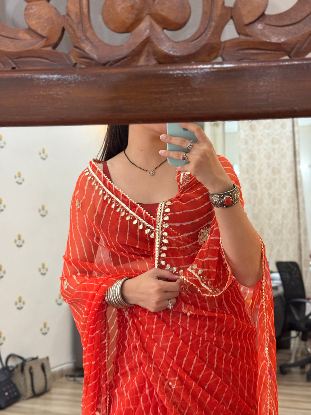 Orange Leheriya Georgette Leheriya Saree|  Handwork Gota patti work| With blouse