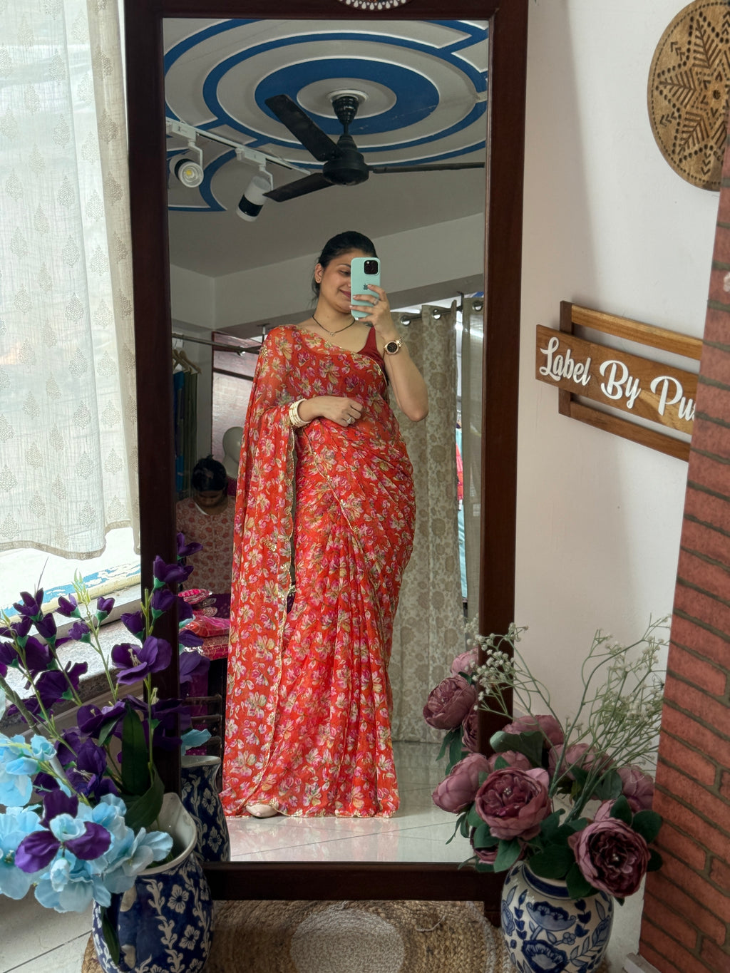 Orange |Pure Georgette Digital Printed Saree| Handwork cutdana detailing| Without blouse