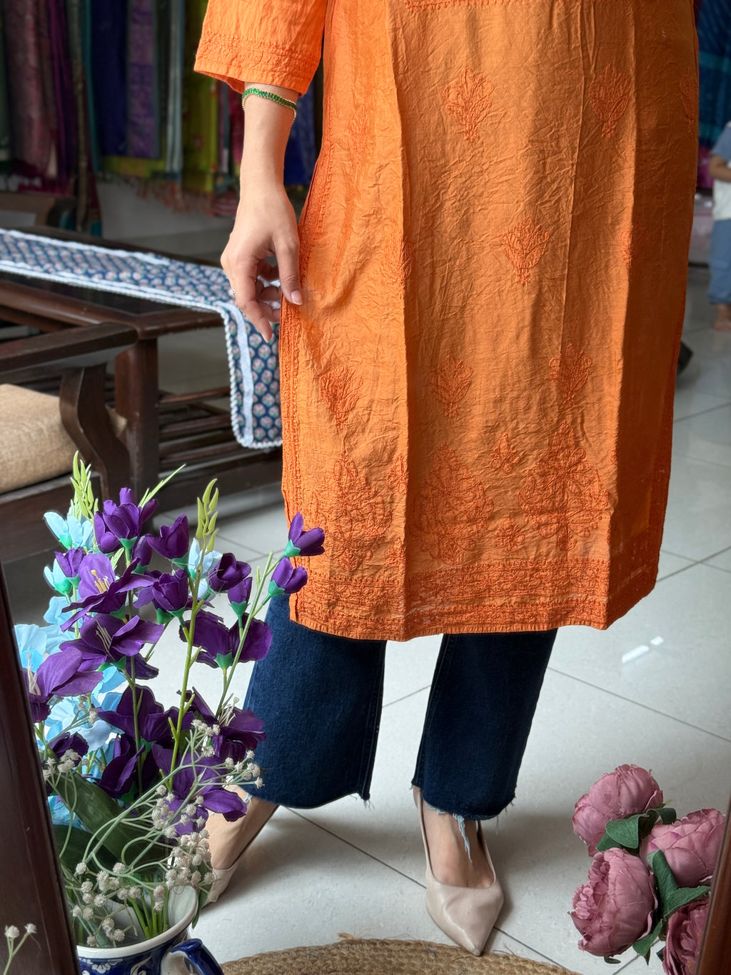 Orange Mul Chanderi Kurta| Chikankari Work|Hand Embroidery| Partywear Kurta