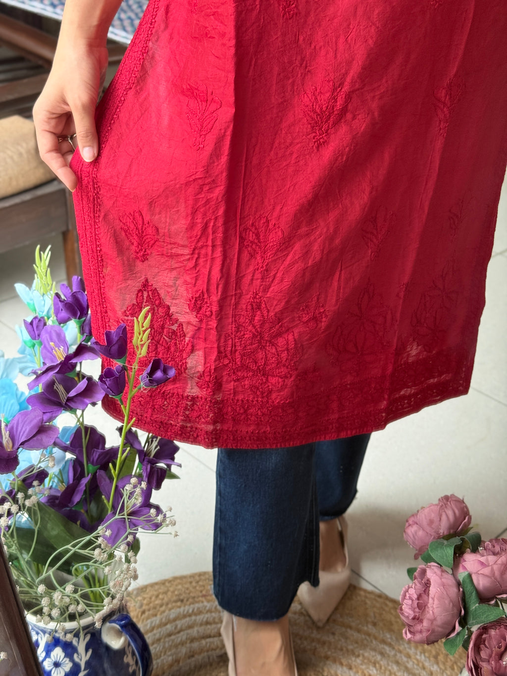Red Mul Chanderi Kurta| Chikankari Work|Hand Embroidery| Partywear Kurta