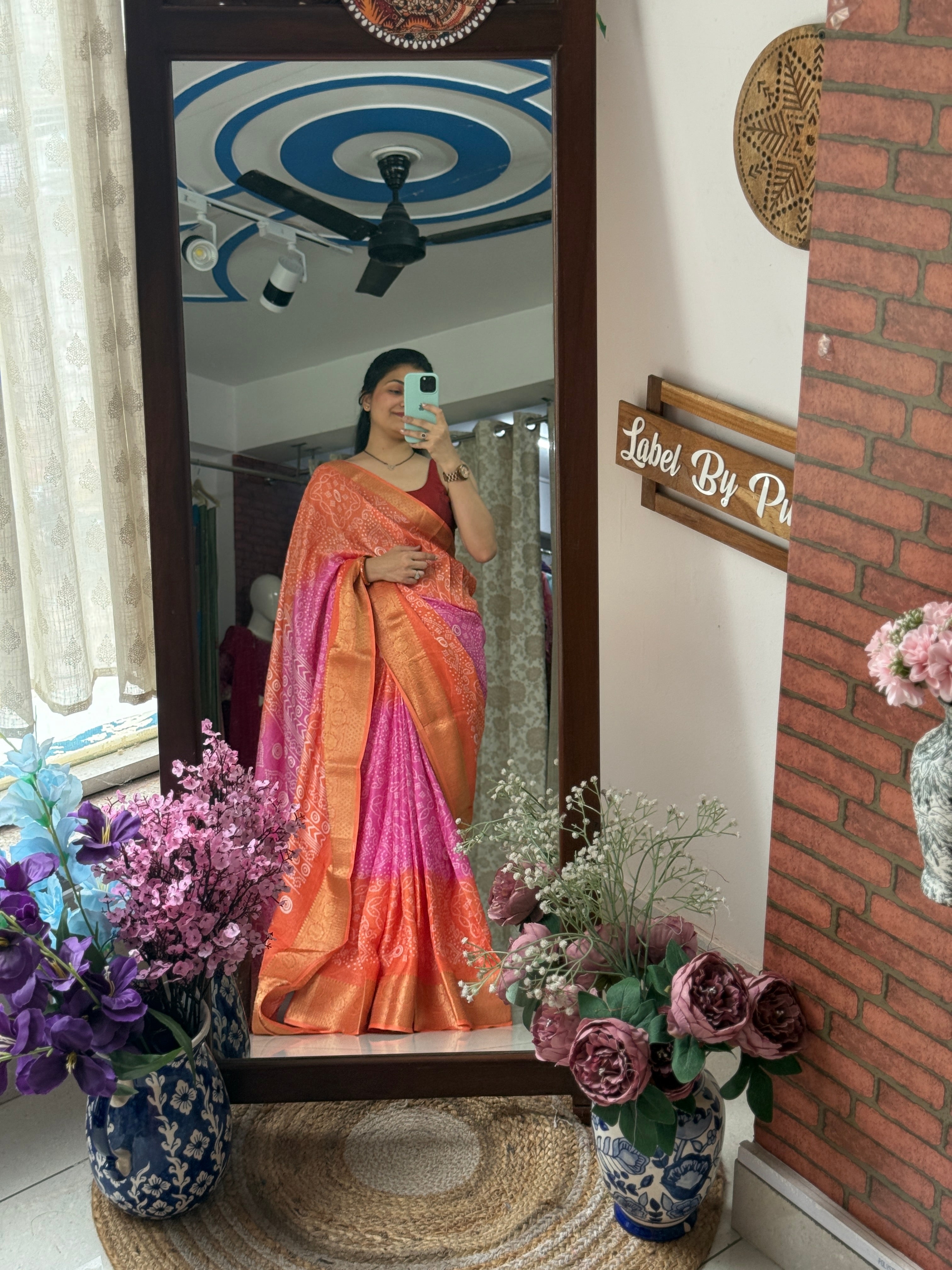Orange Pink Bandhani Saree|  Woven border on both sides| With blouse| Self weave dola silk