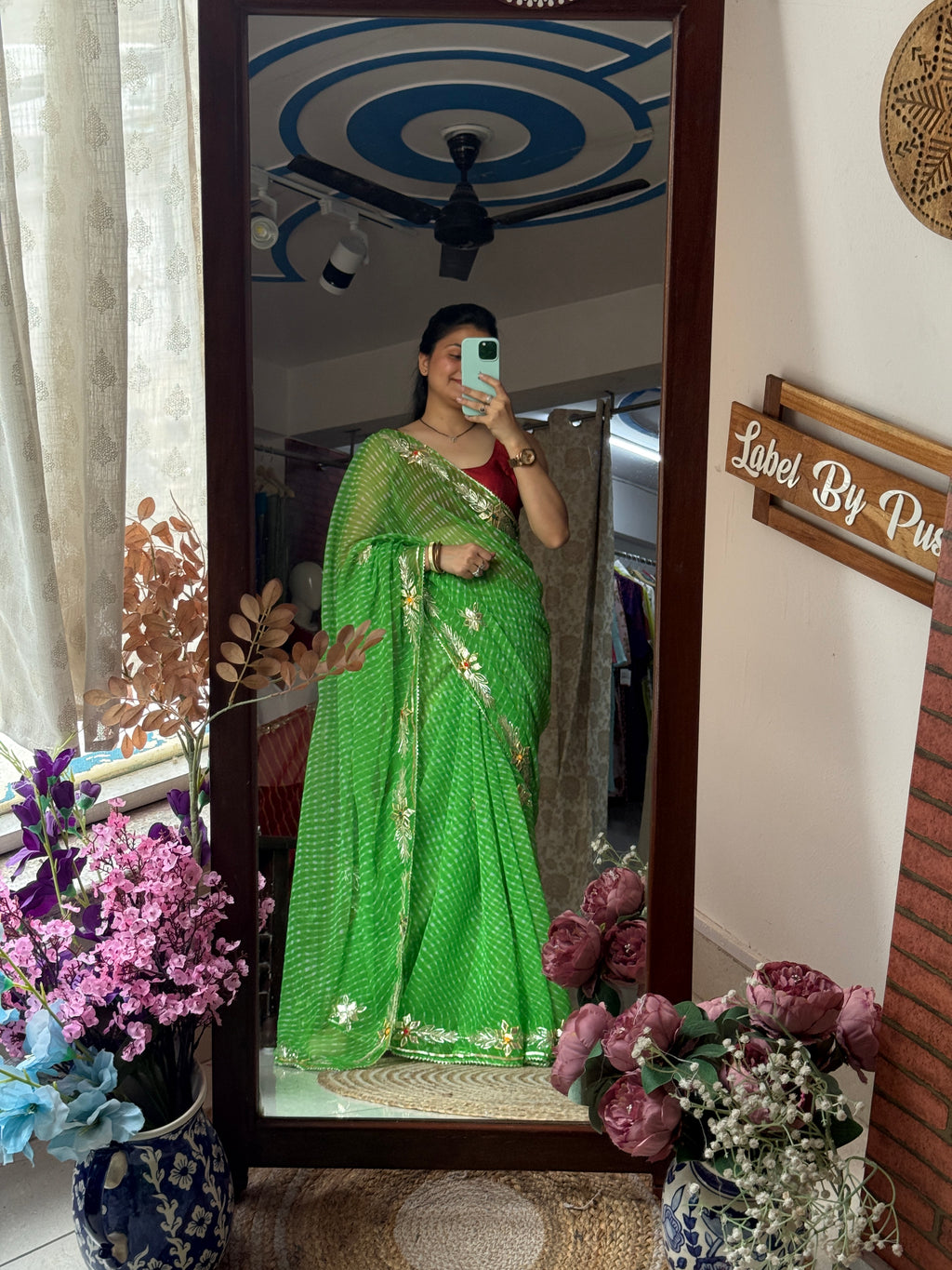 Green Leheriya|Kaccha Gota work| With blouse| Chiffon