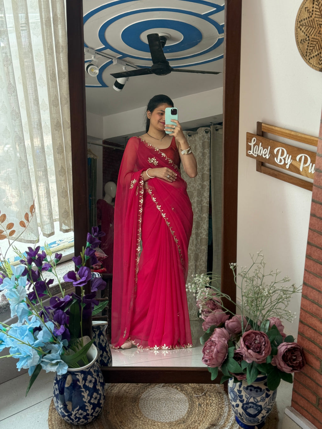 Reddish Pure Georgette Saree| Handwork cutdana detailing| With blouse