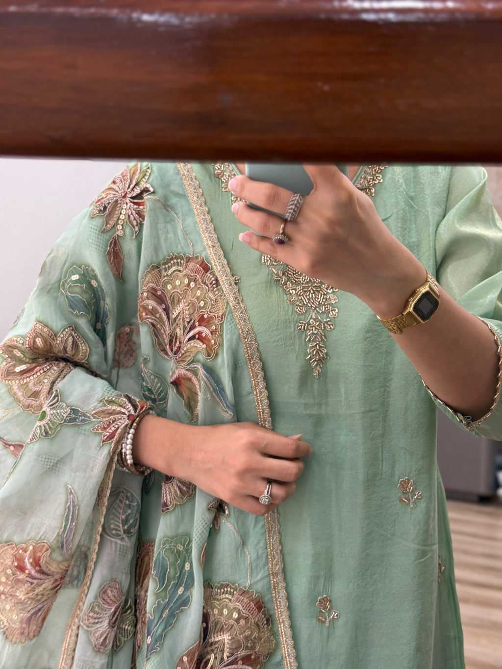 Pista Green Suit set | With cotton lining| Hand Embroidered Kurta| Embroidered Organza Duppata | Crepe