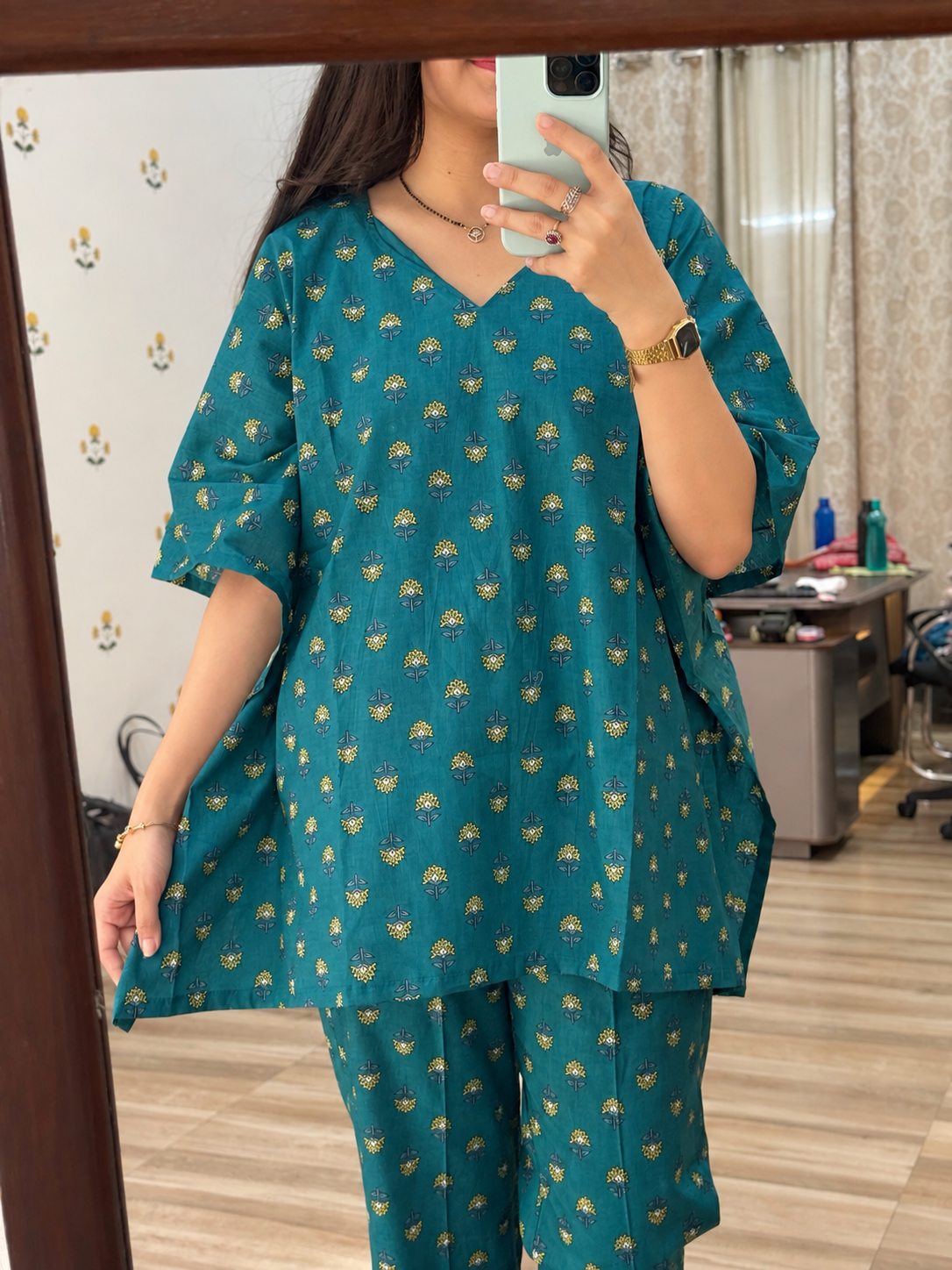 Pure Cotton Rama Green Handblock Printed| kaftan Sets| Bottom with pocket