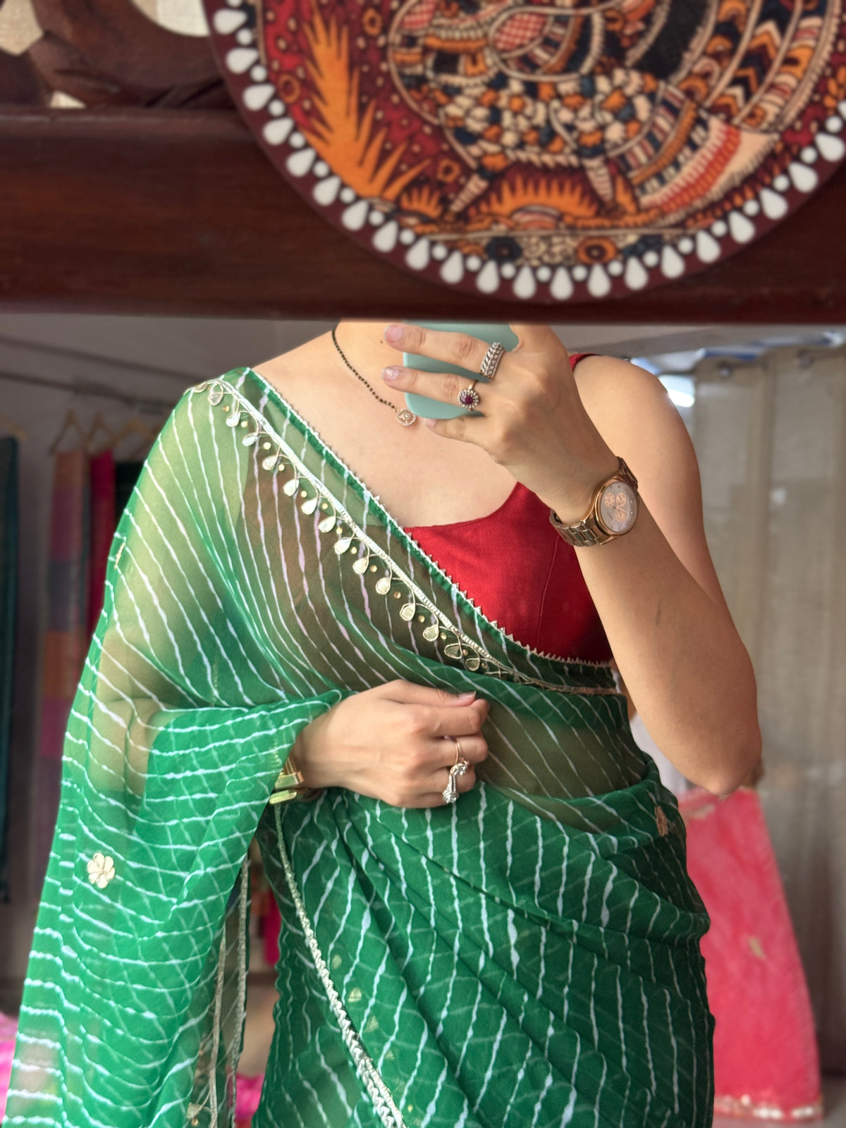 Green Leheriya Chiffon Leheriya Saree|  Handwork Gota patti work| With blouse