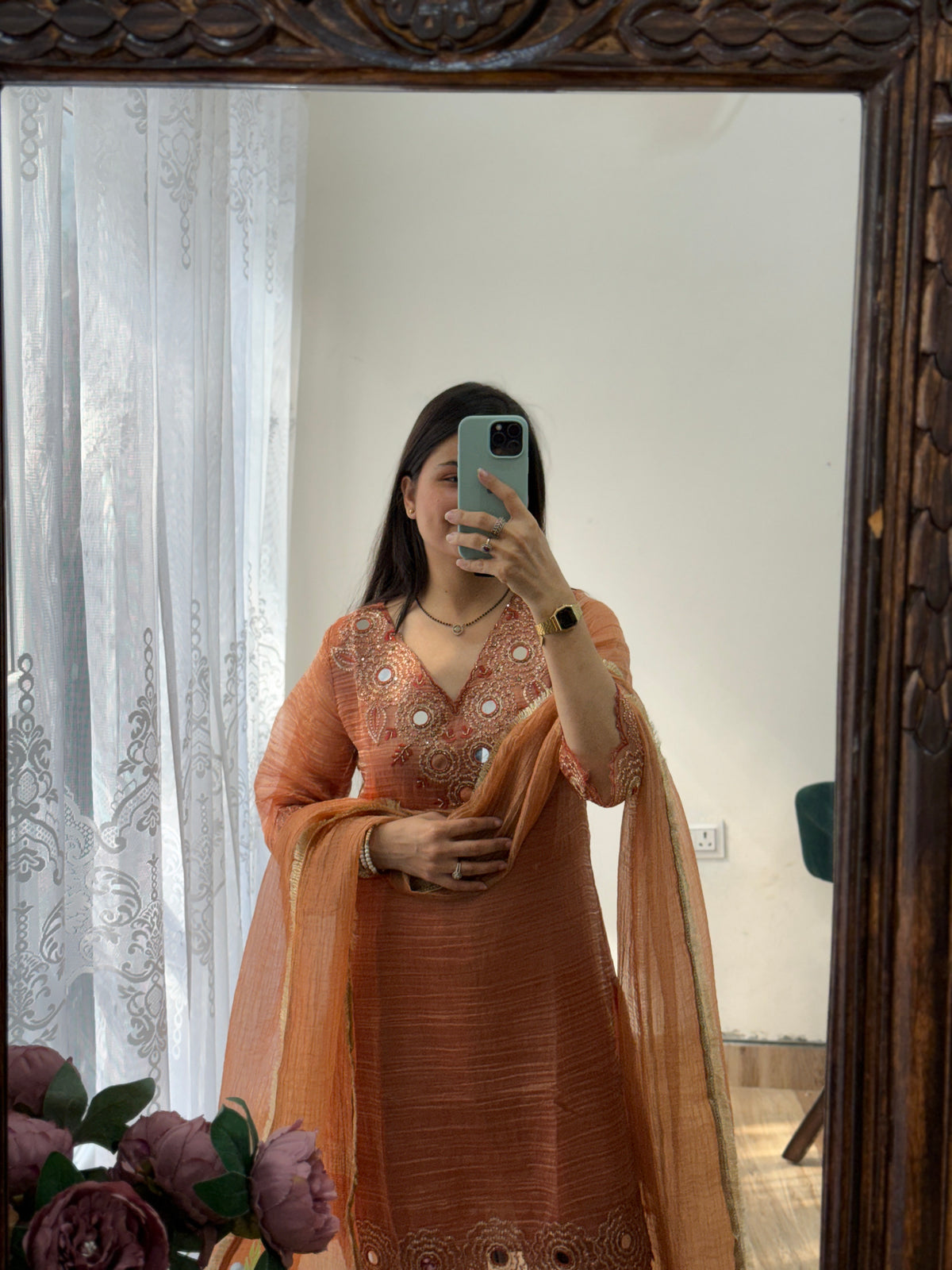 Orange Crushed Tissue Suit Set| Hand Embroidered |With lining in top & bottom| Beautiful Duppata