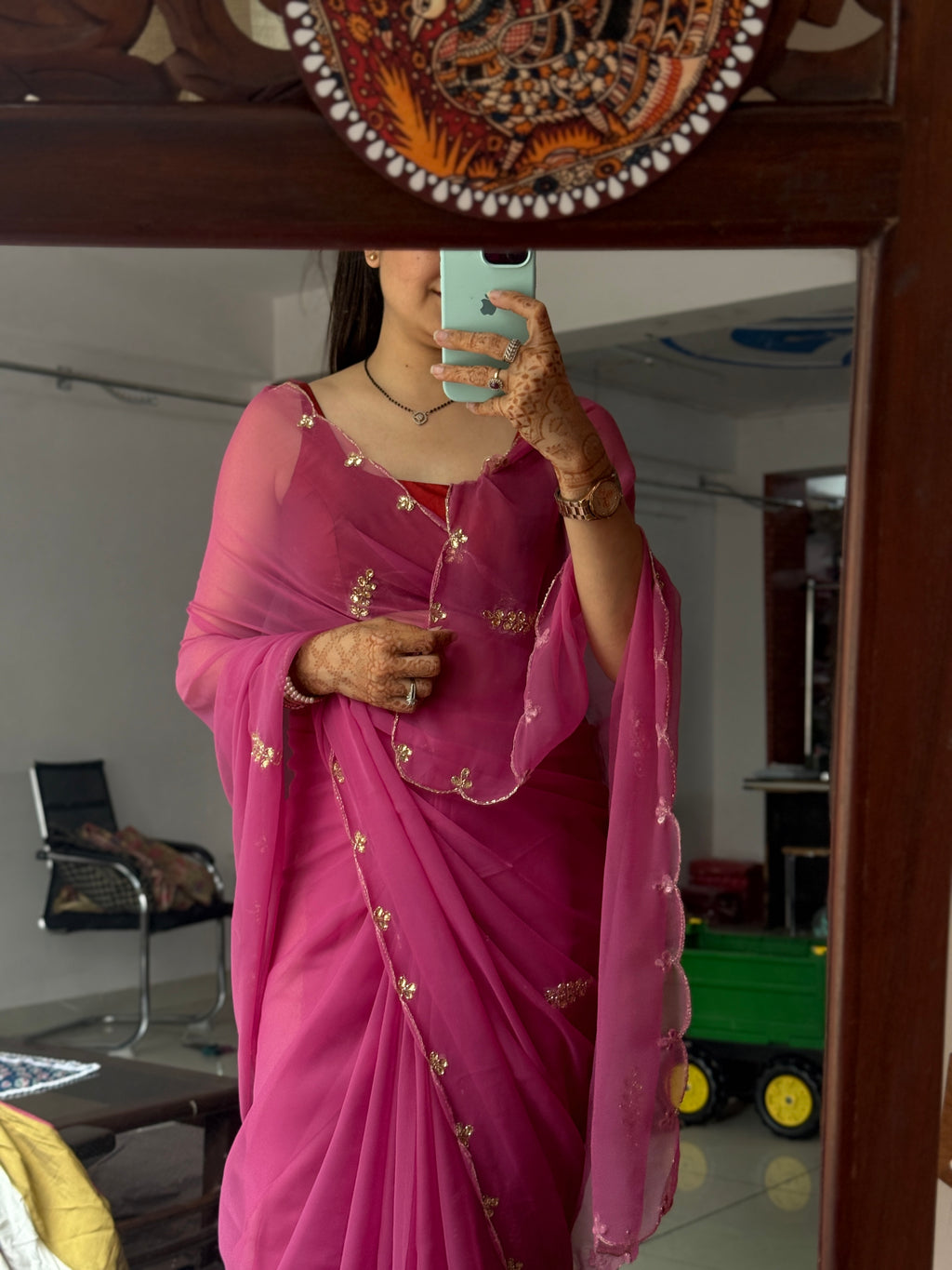 Deep mauve Pure Georgette Saree| Handwork cutdana detailing| With blouse