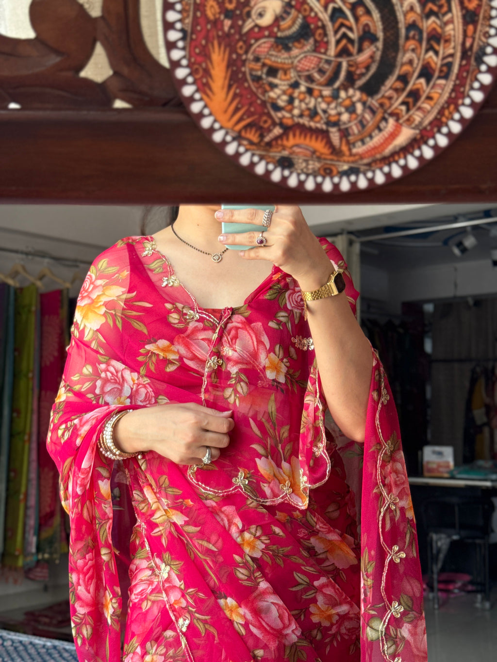 Crimson floral |Pure Georgette Digital Printed Saree| Handwork cutdana detailing| Without blouse