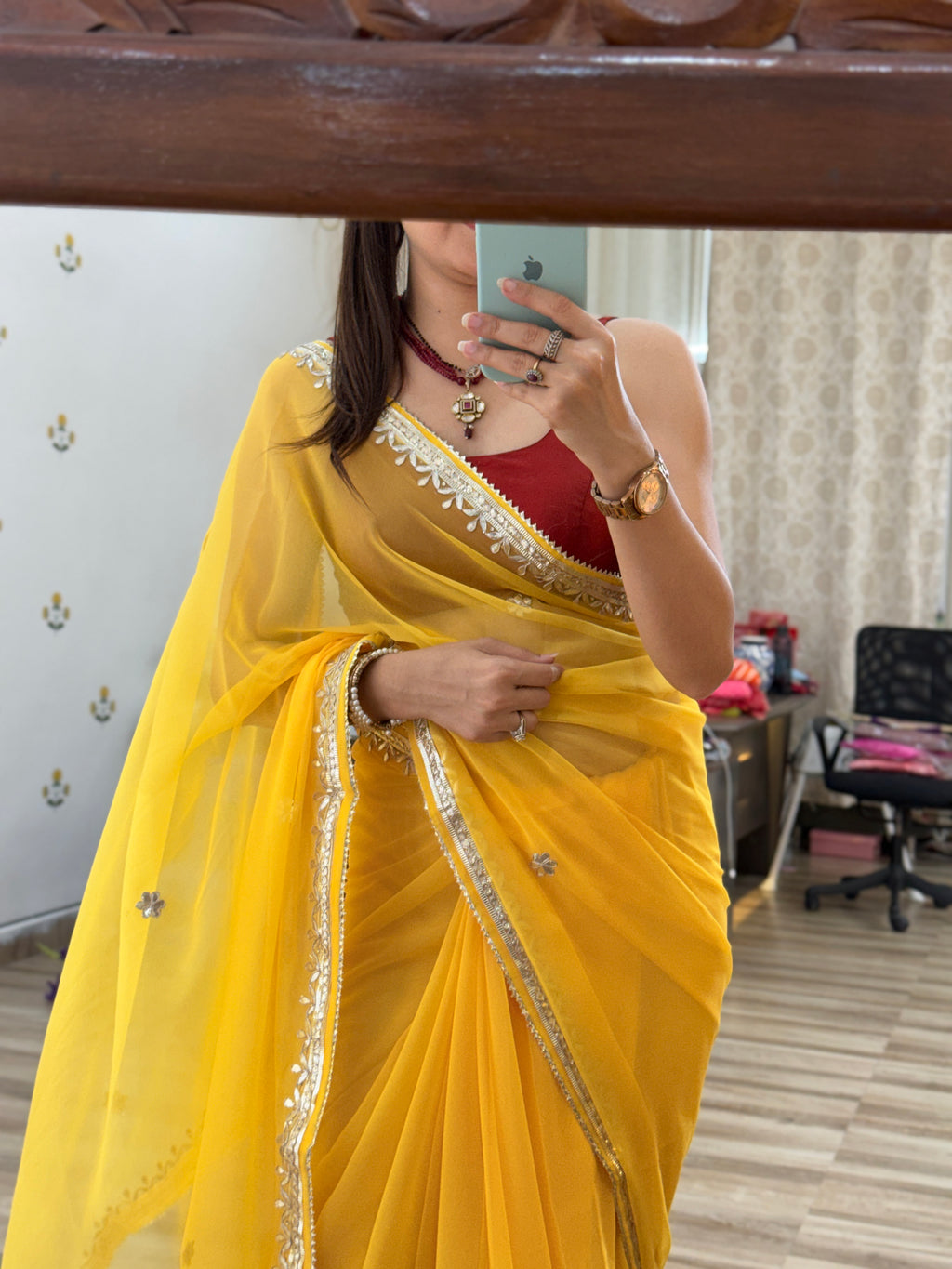 Yellow Georgette Saree | Gotta Pati Handwork | With blouse