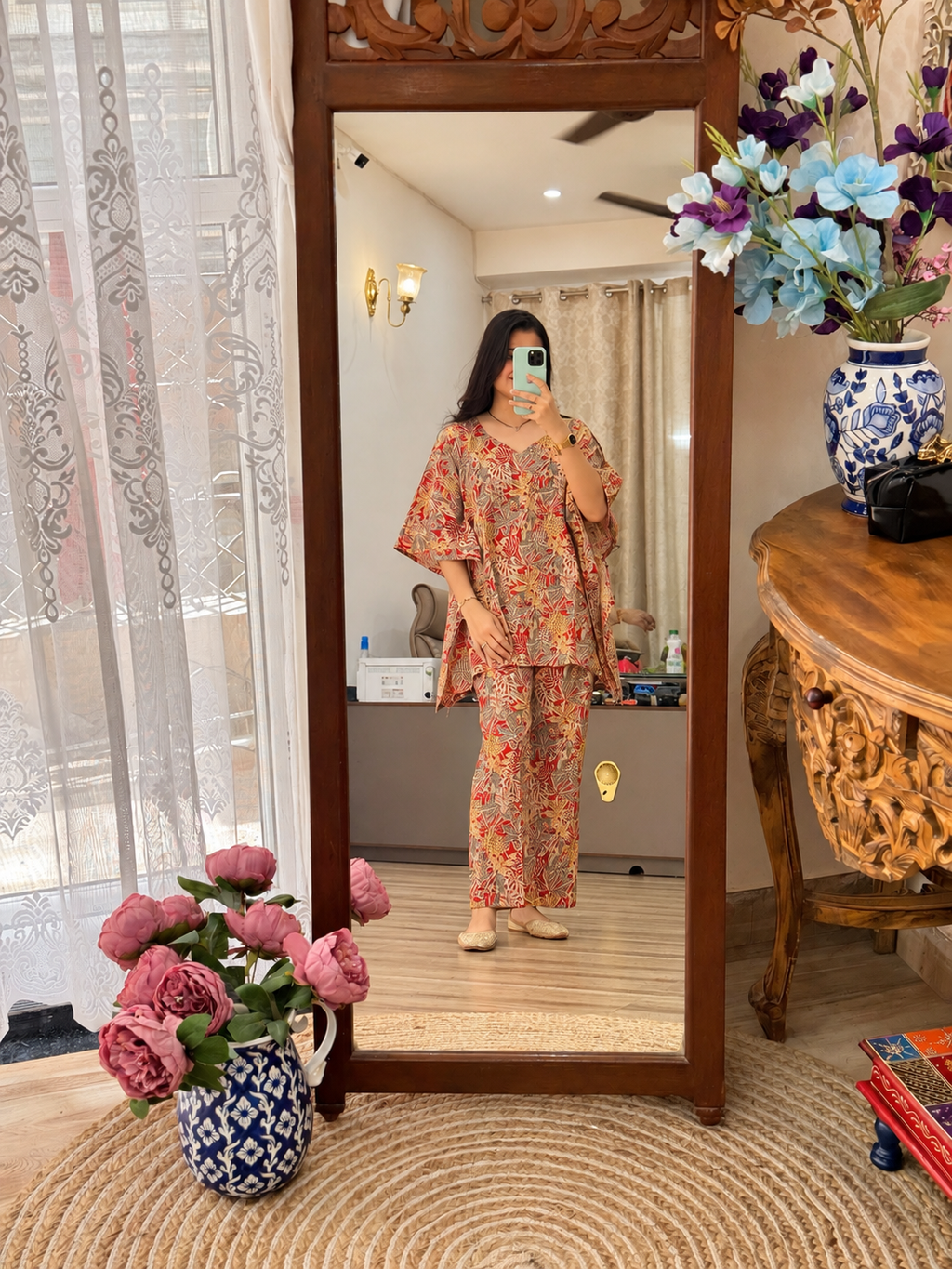 Pure Cotton abstract botanical Handblock Printed| kaftan Sets| Bottom with pocket