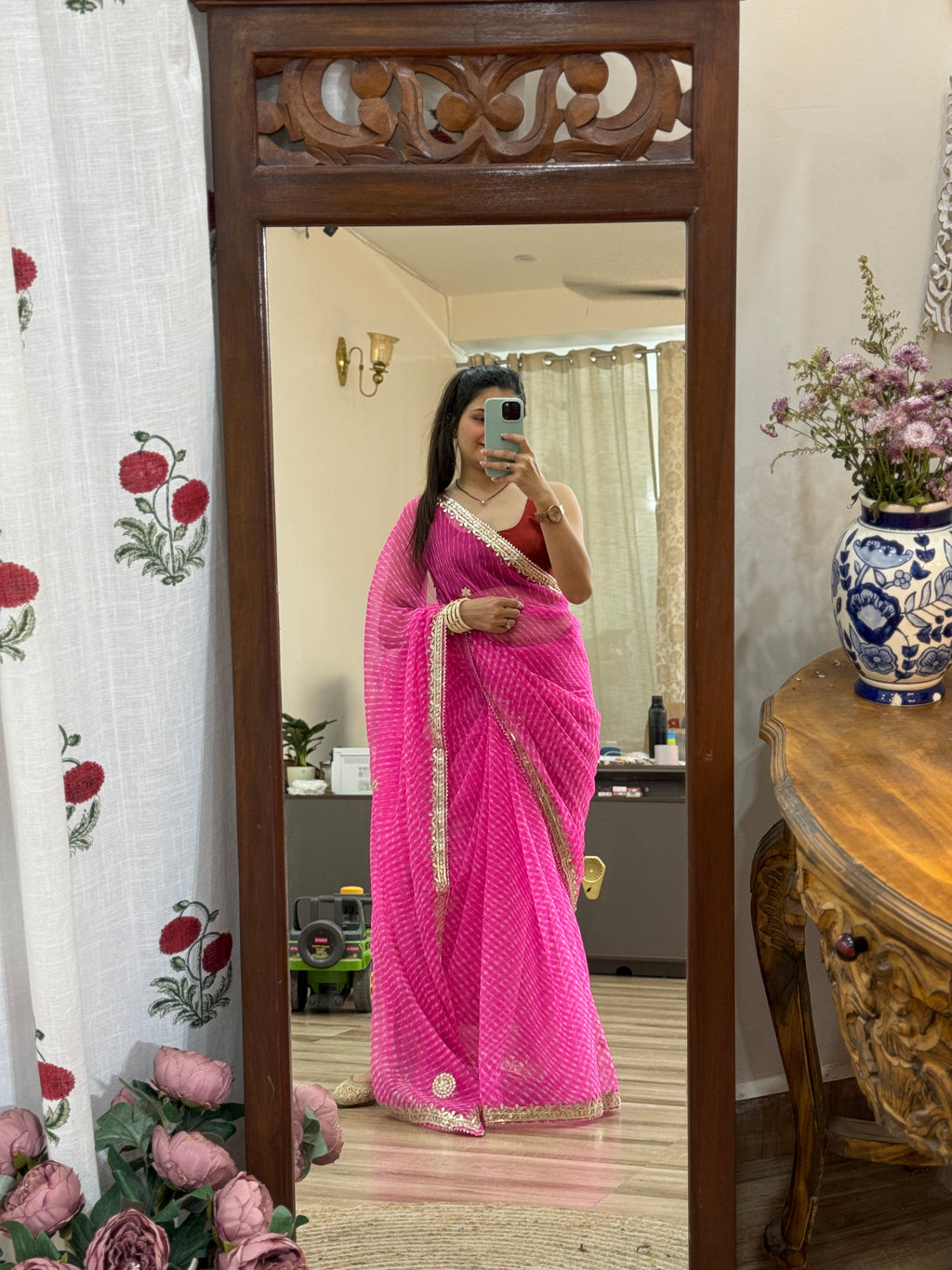 Pink Chiffon Leheriya Saree|  Handwork Gota patti work| With blouse
