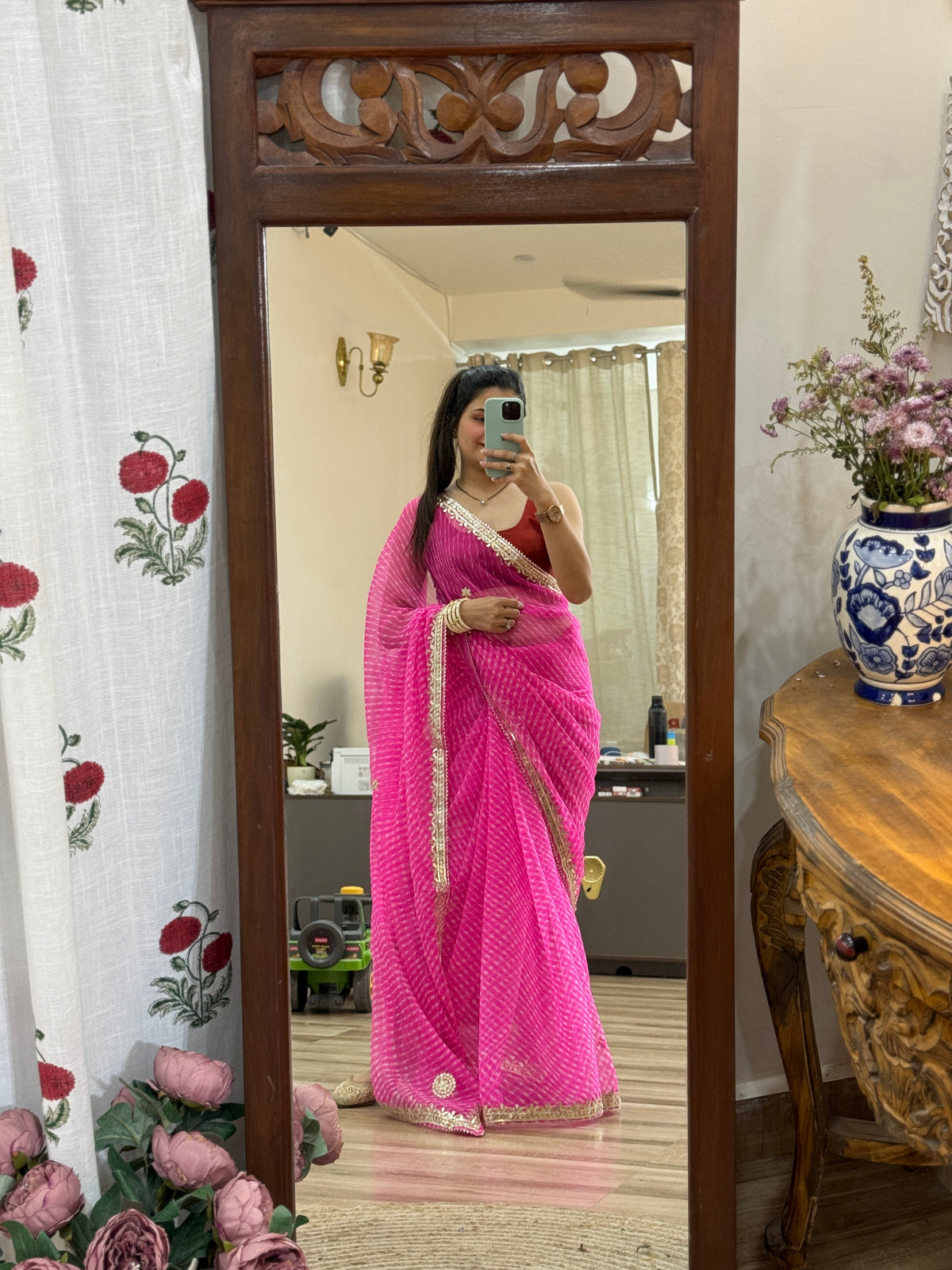 Pink Chiffon Leheriya Saree|  Handwork Gota patti work| With blouse