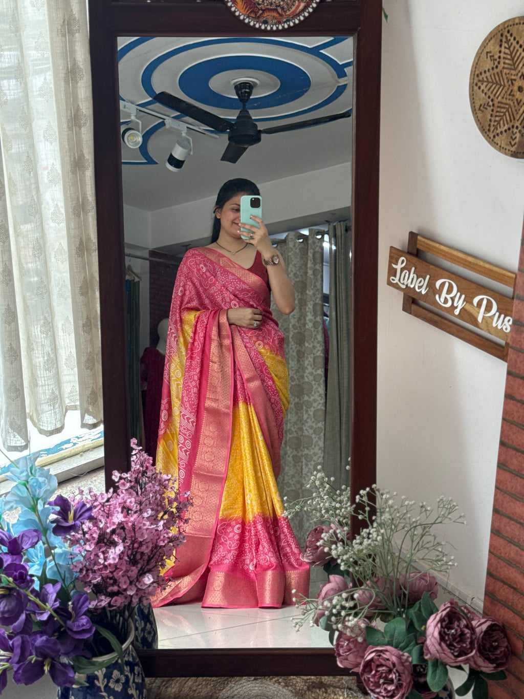 Pink Yellow Bandhani Saree|  Woven border on both sides| With blouse| Self weave dola silk