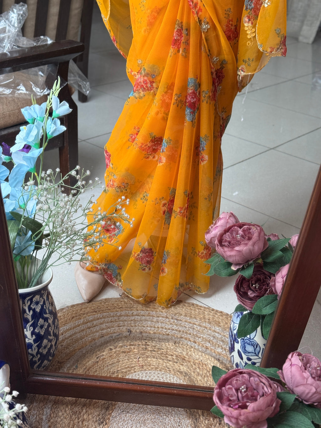 Yellow Pure Georgette Handblock Digital Printed Saree| Handwork cutdana detailing| Without blouse