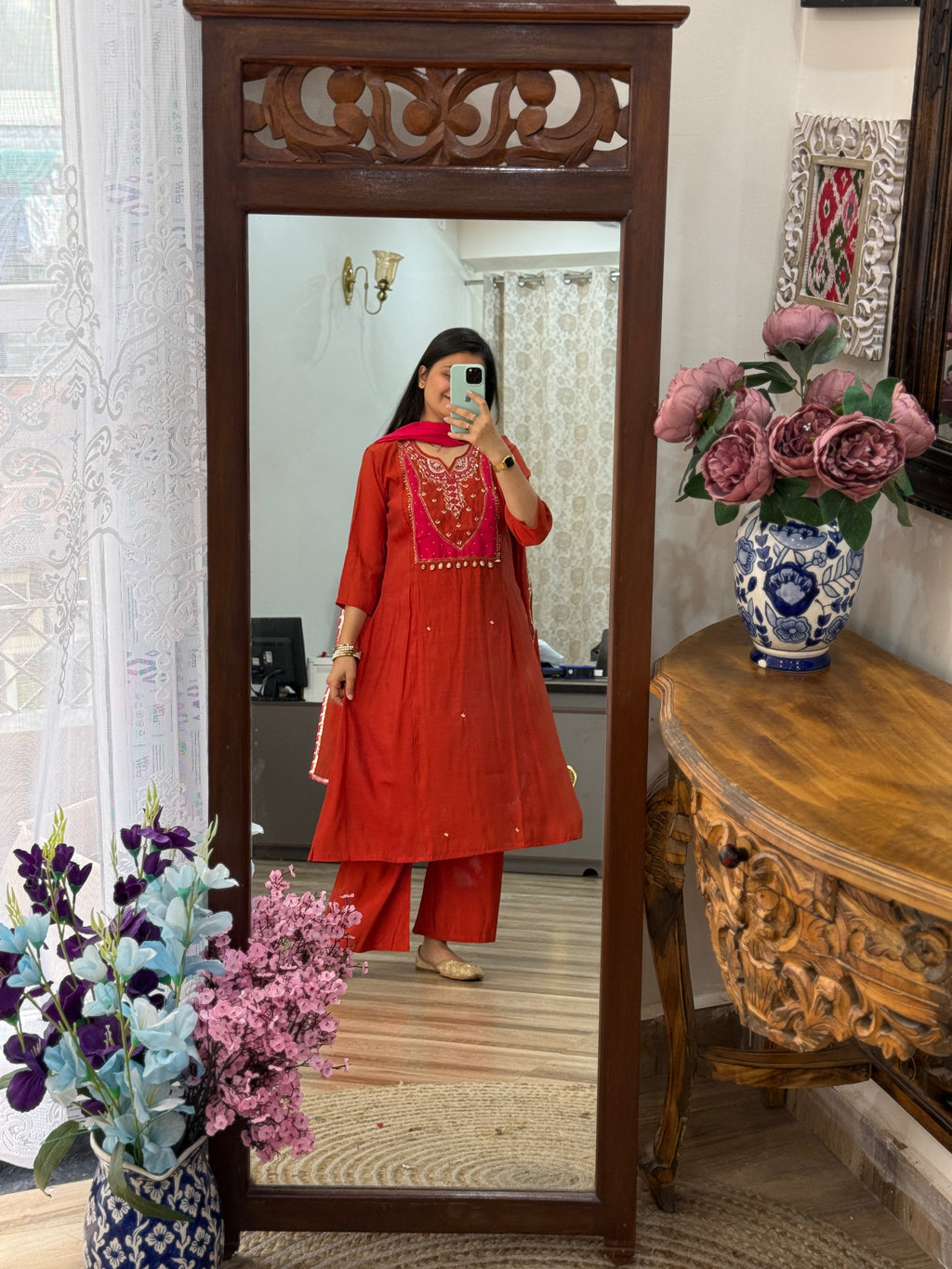 Viral Pink Orange suit | With cotton lining| Embroidered| Dual tone Duppata| Cotton Silk