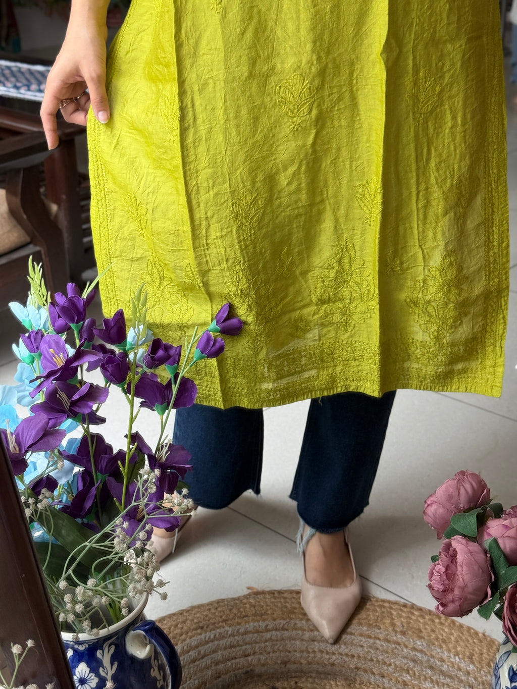 Light Green Mul Chanderi Kurta| Chikankari Work|Hand Embroidery| Partywear Kurta