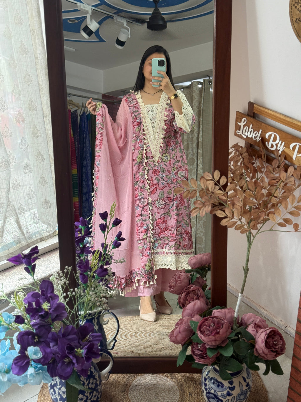 Pink Muslin Suit| Schiffli Lacework |Cotton lining|Chiffon Duppata