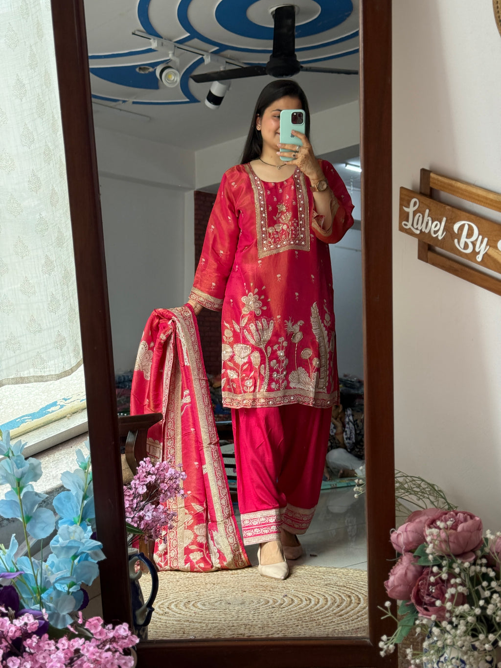 Crimson Tissue Shimmer  Suit Set |with lining | Hand Embroidered| Salwar