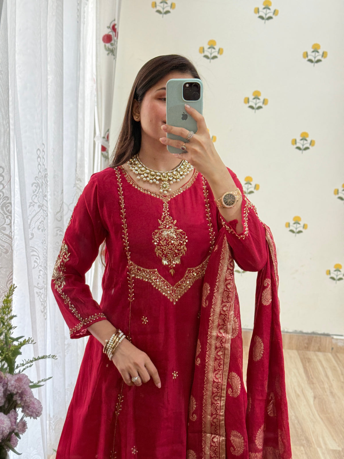 Karwachauth Special Crimson | Hand Embroidered| with lining| Banarsi Duppata| Mul Chanderi