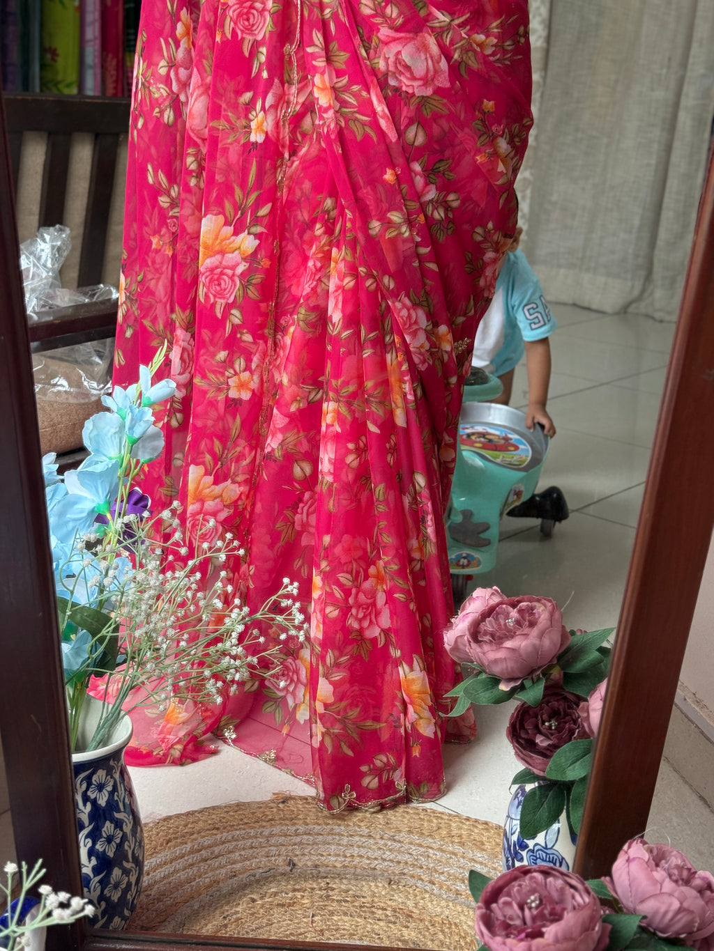 Crimson Pink Pure Georgette Handblock Digital Printed Saree| Handwork cutdana detailing| Without blouse