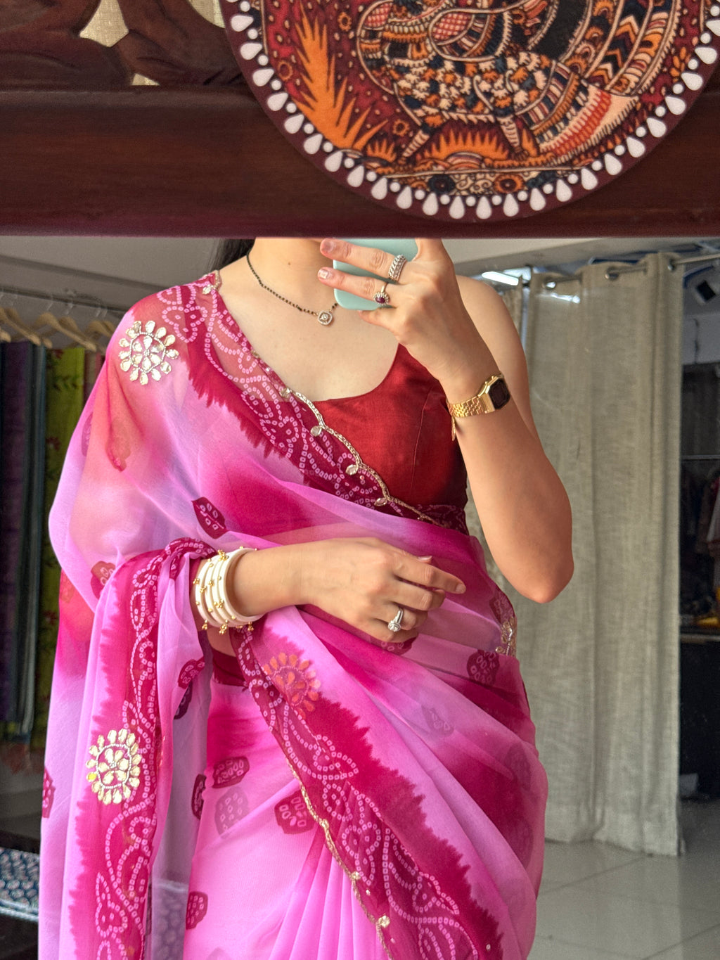 Dual tone Pure Georgette Handblock Digital Printed Saree| Handwork cutdana buta detailing| With blouse