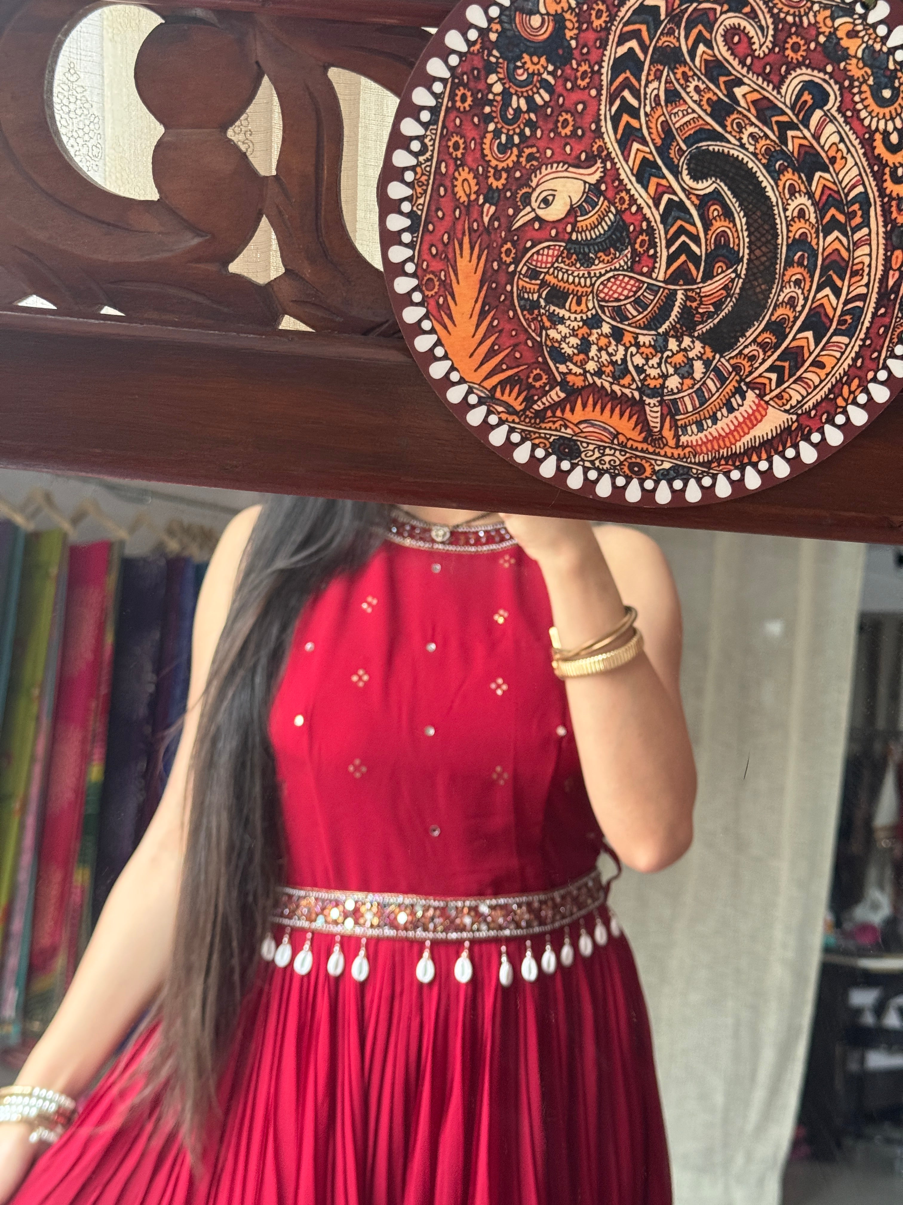 Red Partywear Hand embroidered Dress| Extra sleeves| Comes with hand embroidered belt| Duppata for styling| Rakhi Special