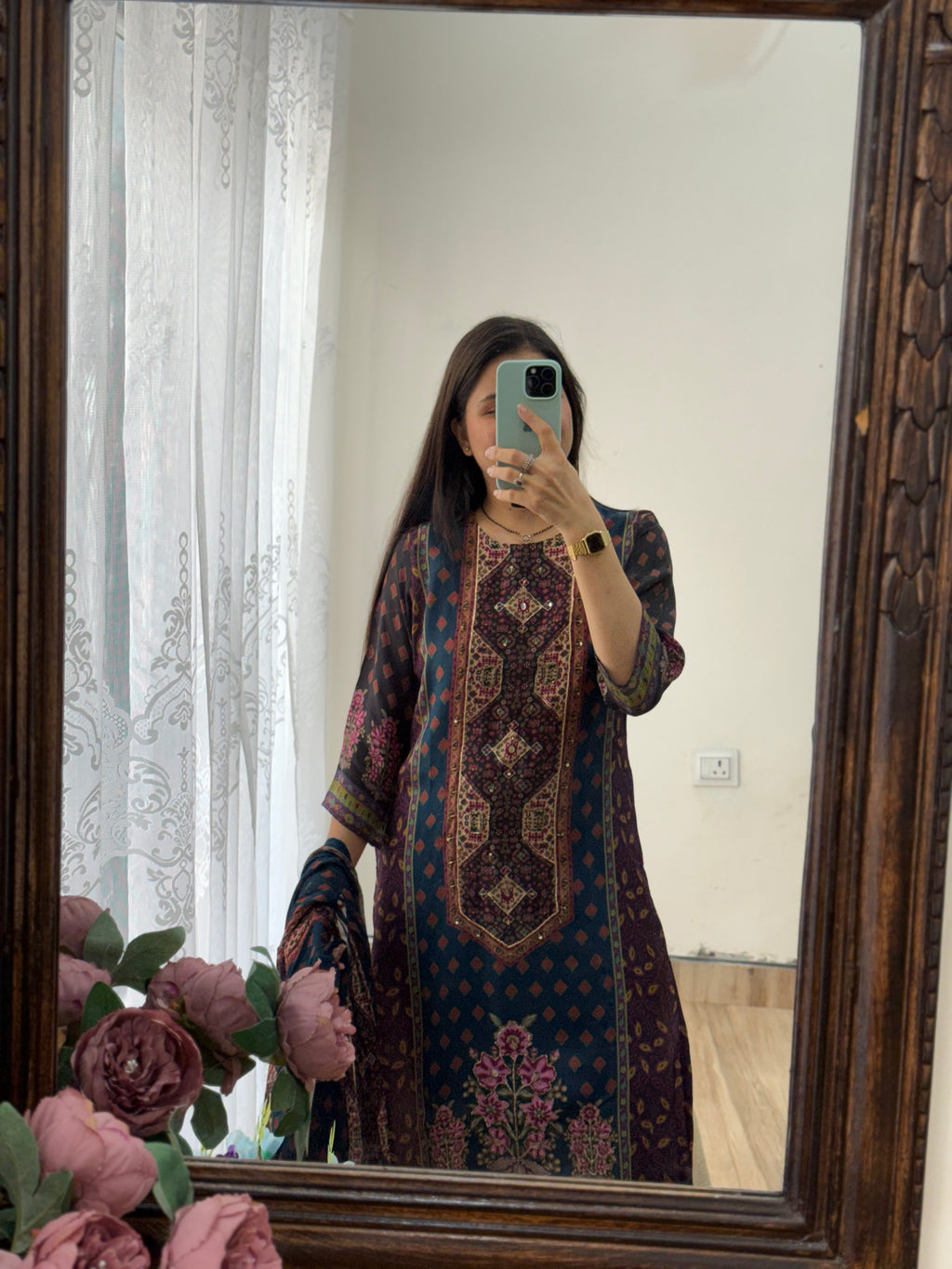 Designer Blue floral Suit Set with Hand Embroidery | Cotton Lining| BeautifulDuppata | Muslin