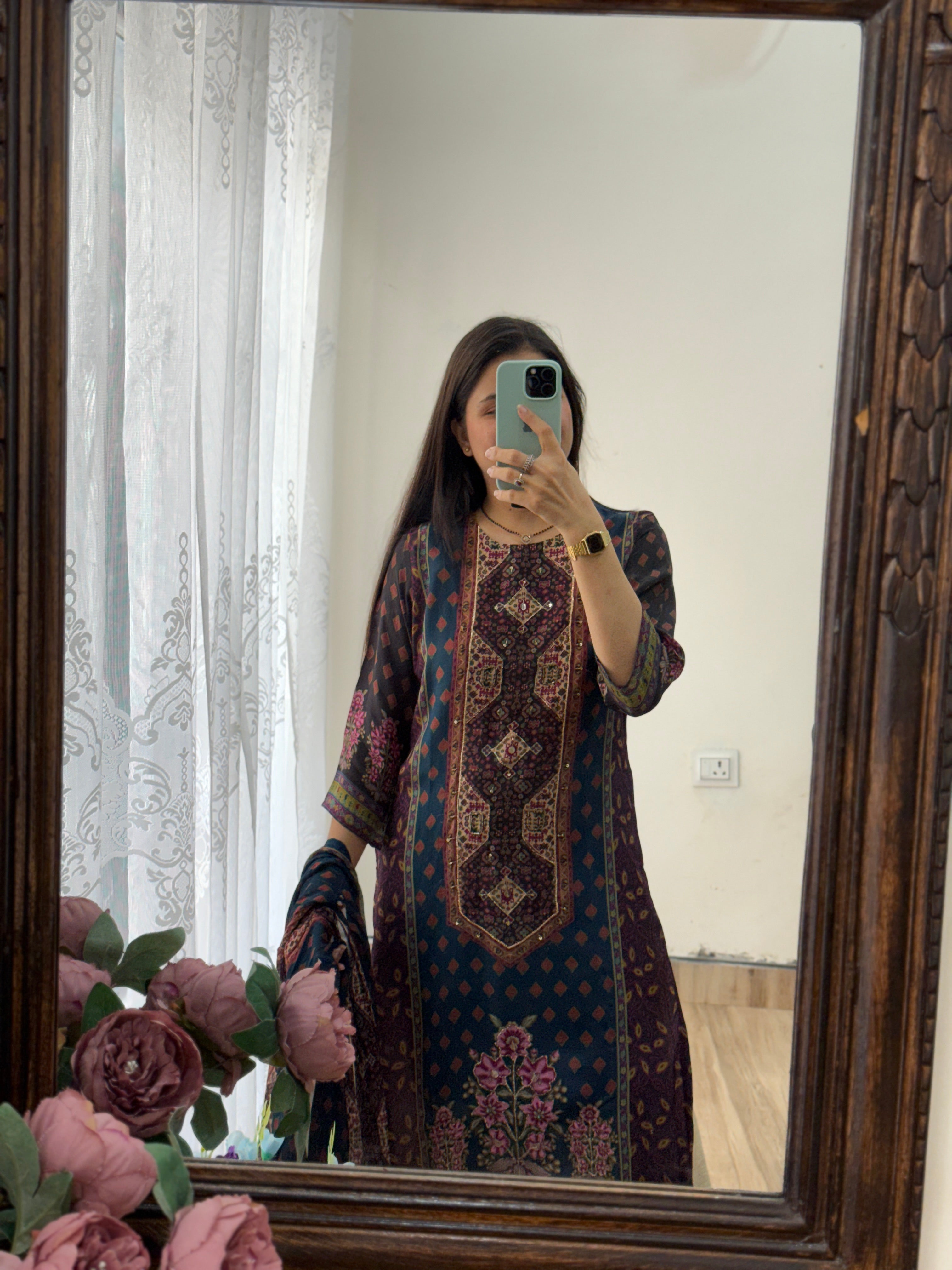 Designer Blue floral Suit Set with Hand Embroidery | Cotton Lining| BeautifulDuppata | Muslin
