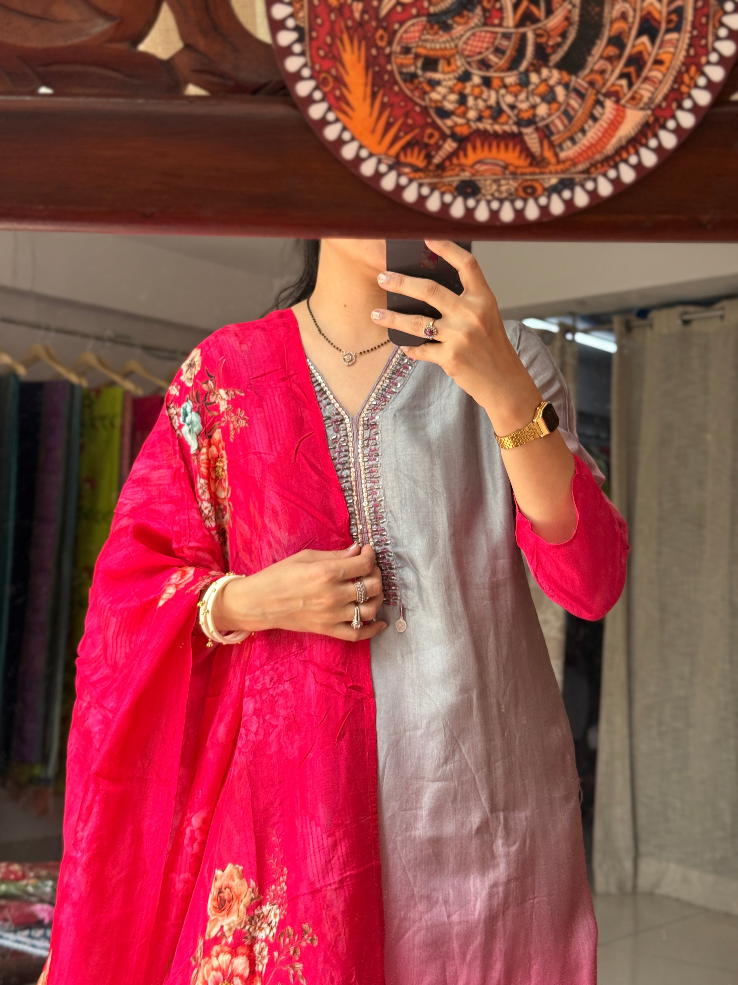 Seerat Gajji Silk Lugdi Patta Suit Set with Floral Pen Kalamkari Dupatta