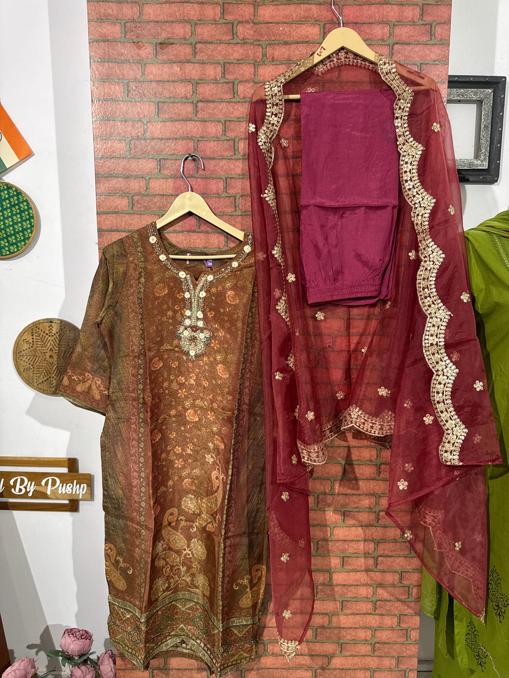 Marron Suit Set | Tissue Silk  | With lining| Hand Embroidered|