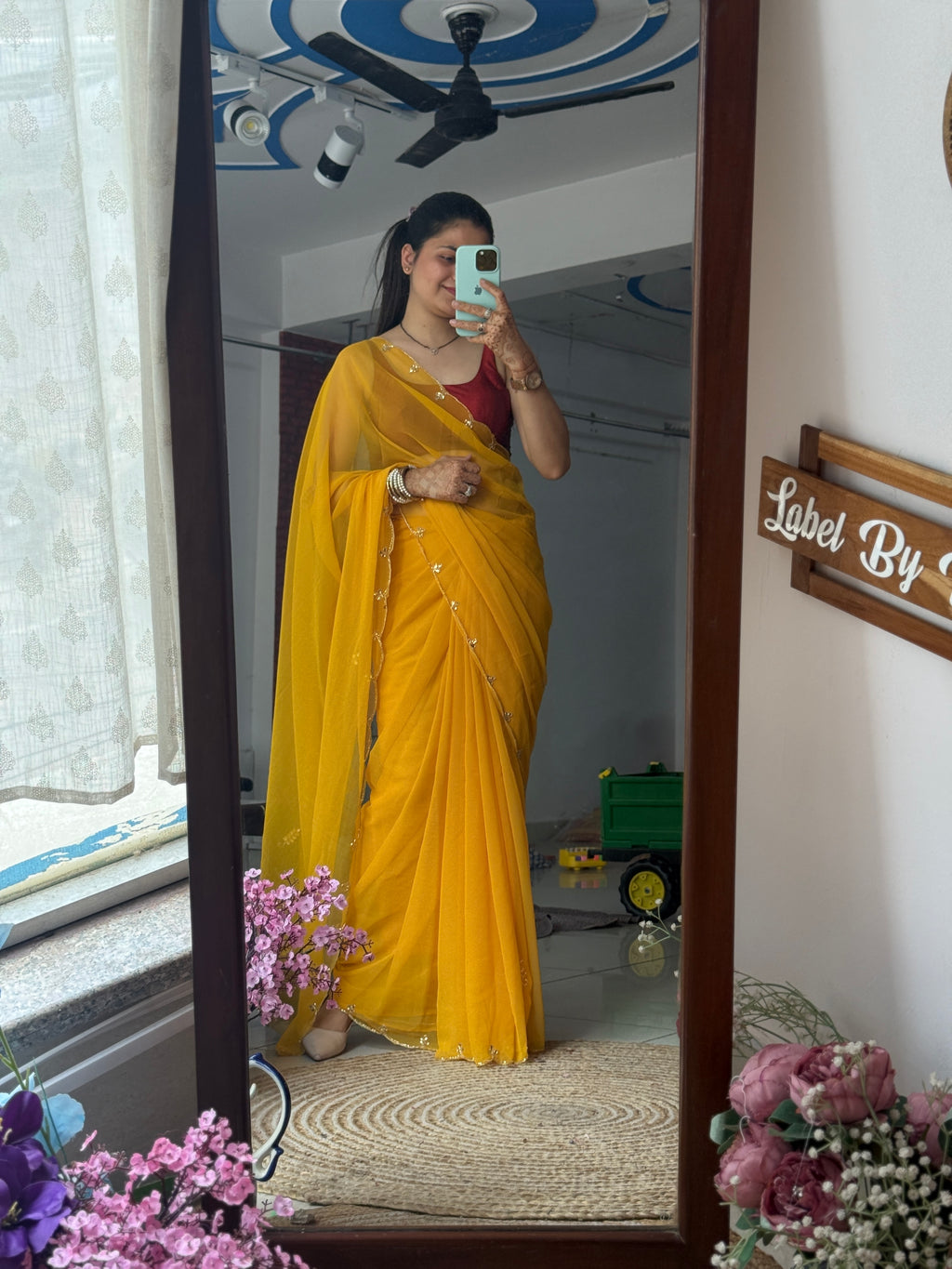 Yellow Pure Georgette Saree| Handwork cutdana detailing| With blouse