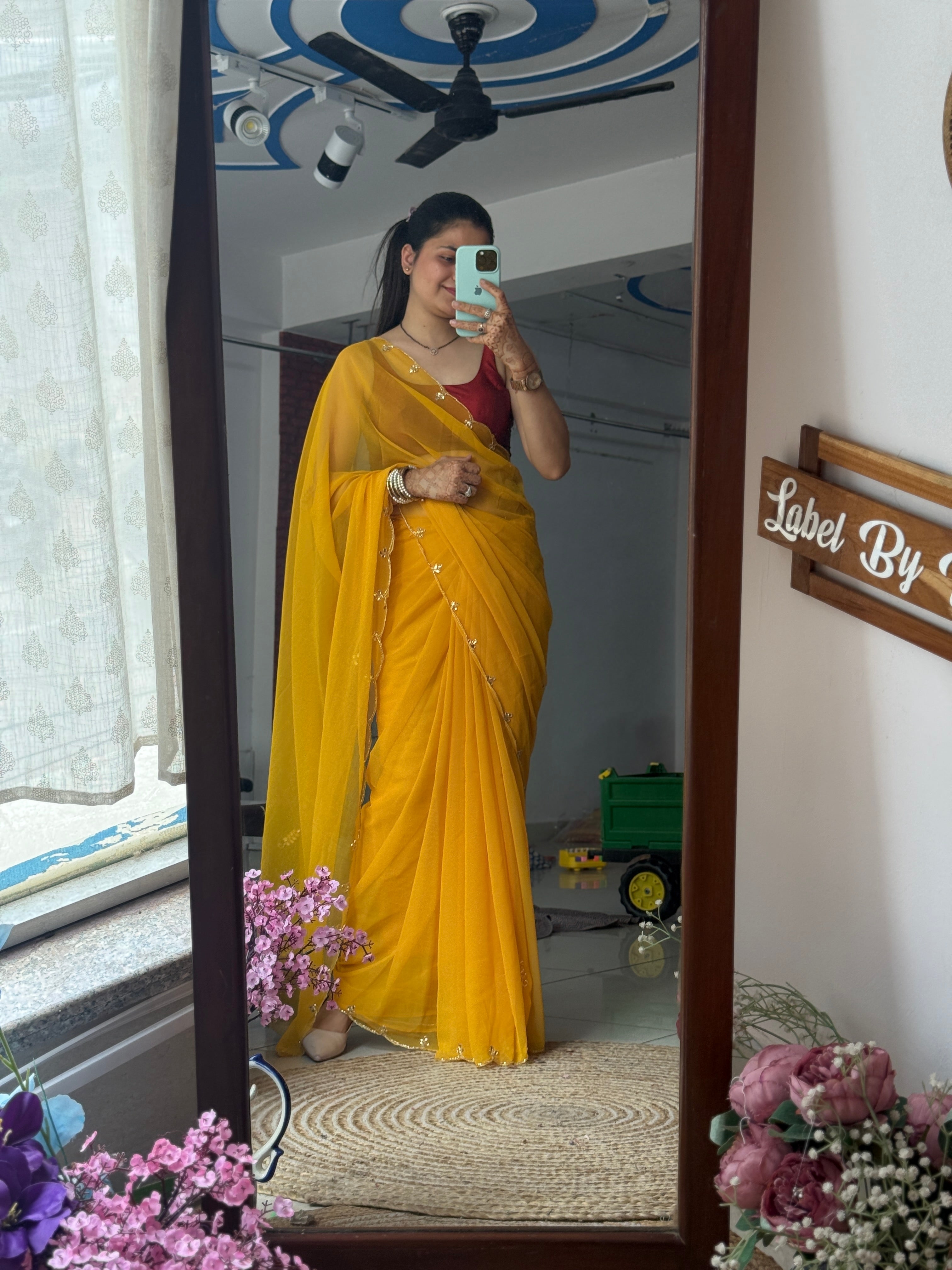 Yellow Pure Georgette Saree| Handwork cutdana detailing| With blouse