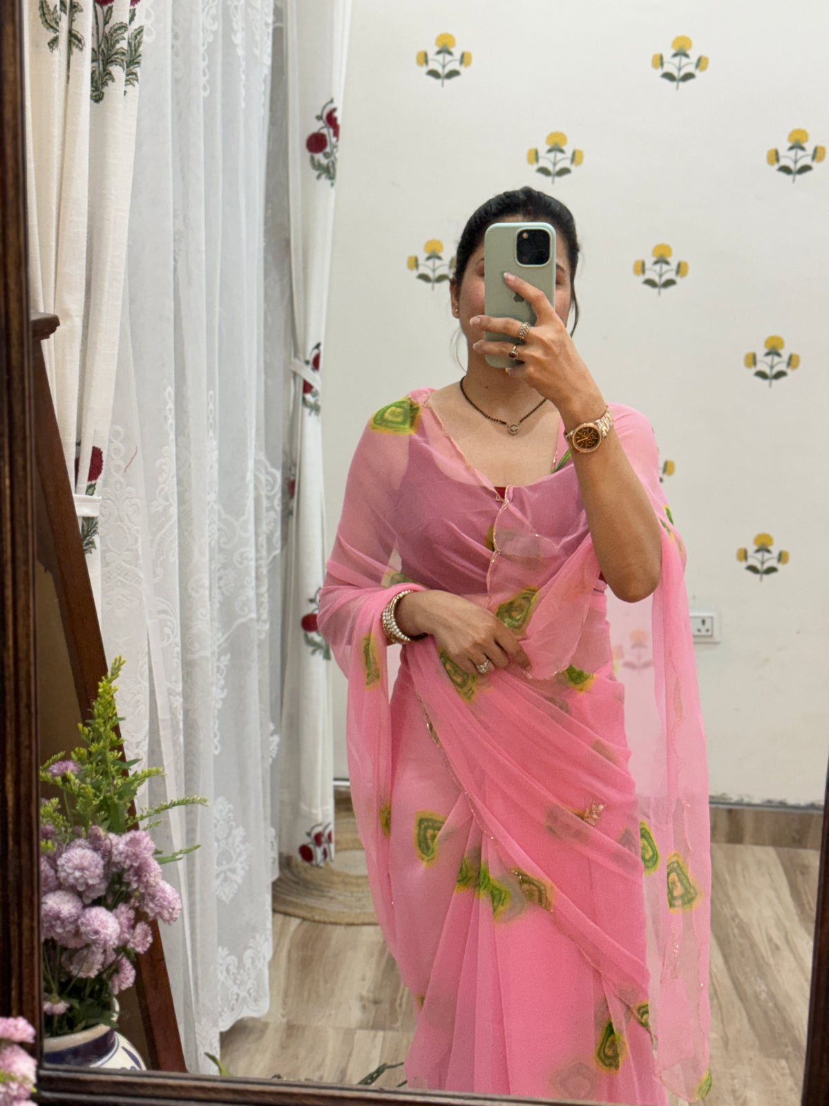 Pink |Pure Georgette Digital Printed Saree| Handwork cutdana detailing| Without blouse