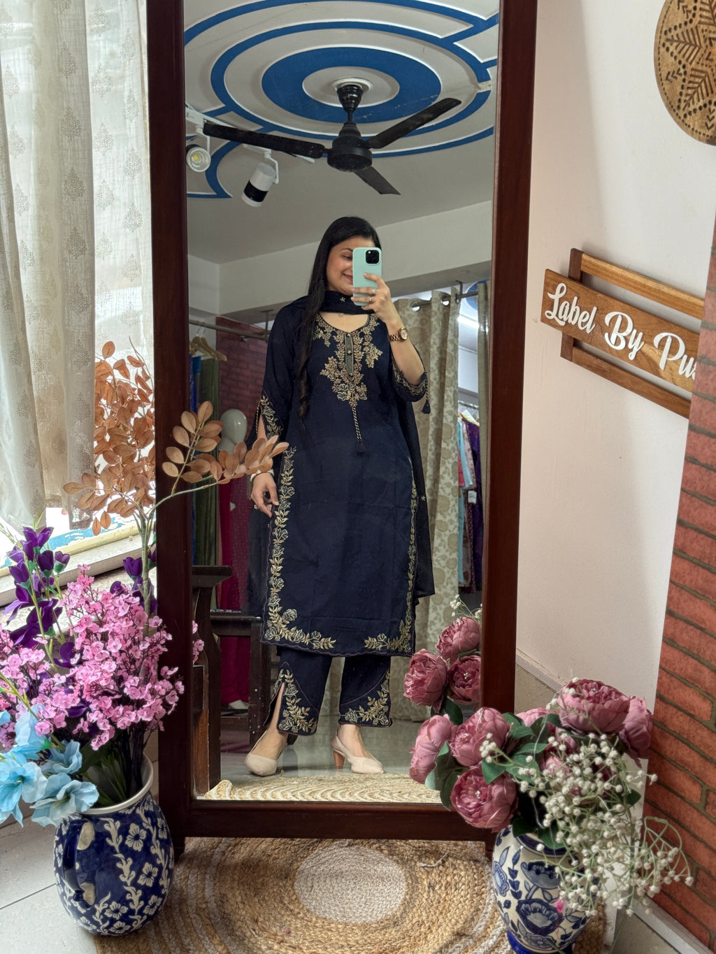 Blue Designer Cotton Suit Set with Embroidered Neckline & Designer sleeves and bottom with mul cotton embroidered Dupatta