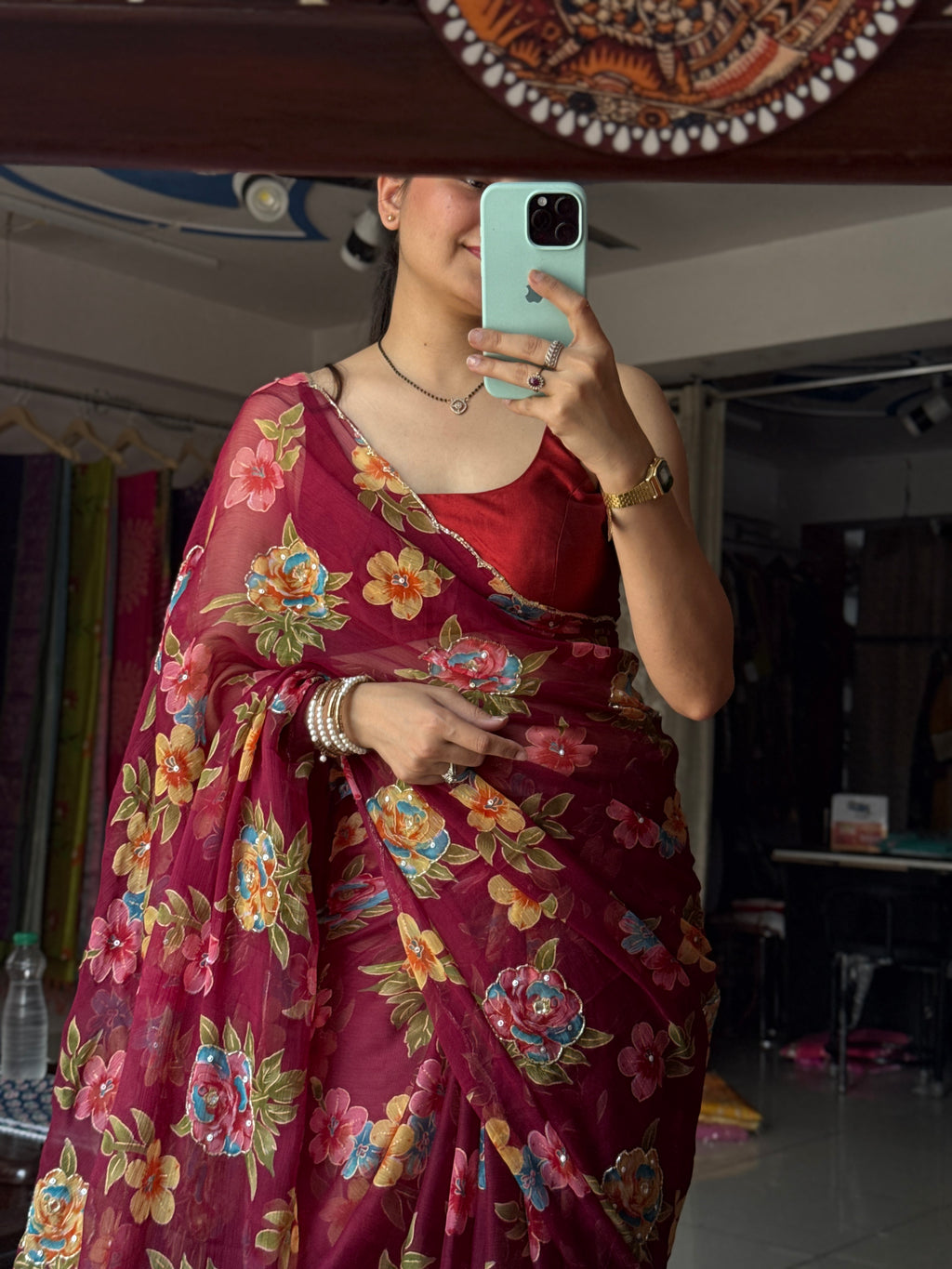 Wine floral |Pure Georgette Digital Printed Saree| Handwork cutdana detailing| Without blouse