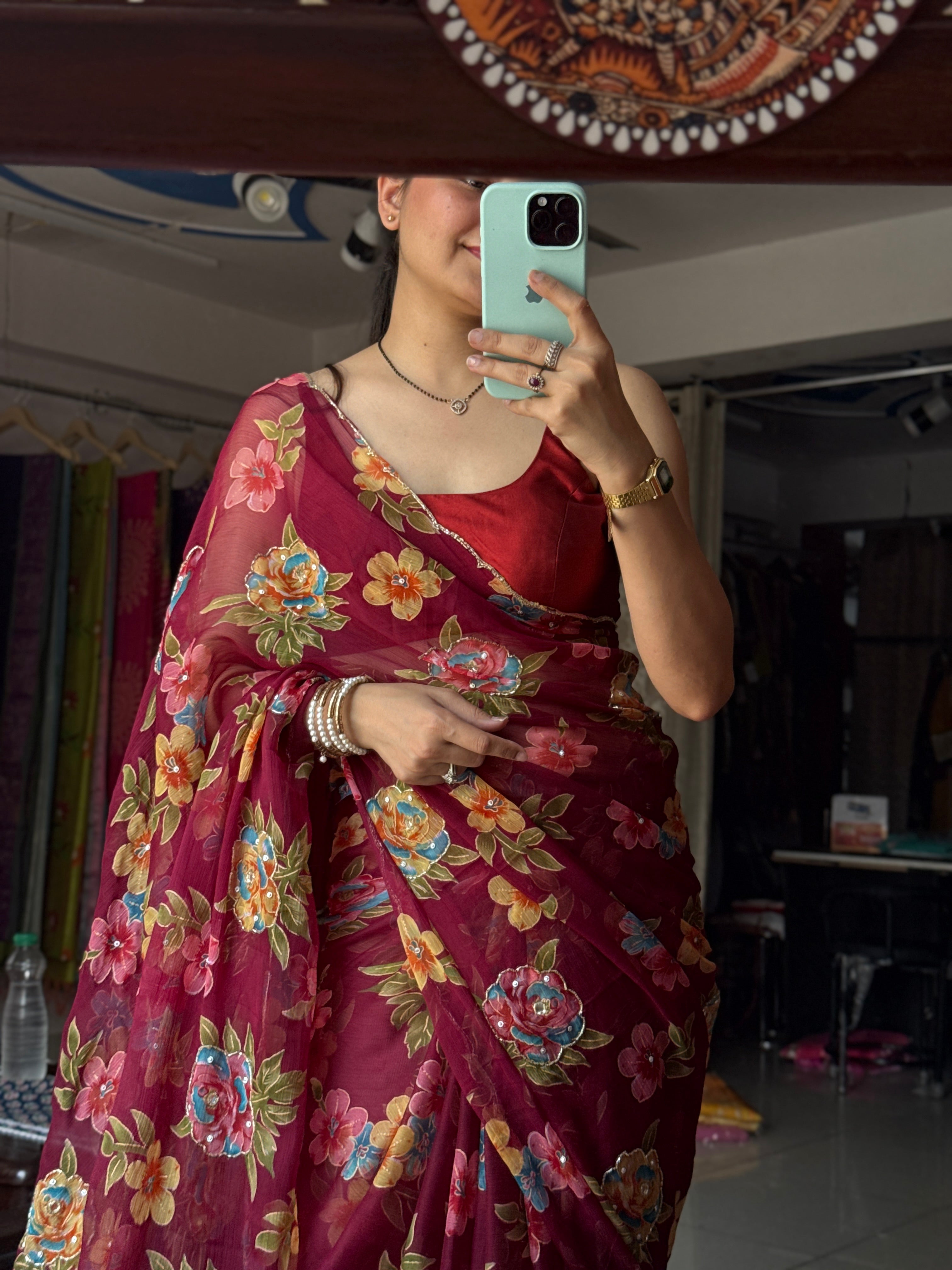 Wine floral |Pure Georgette Digital Printed Saree| Handwork cutdana detailing| Without blouse